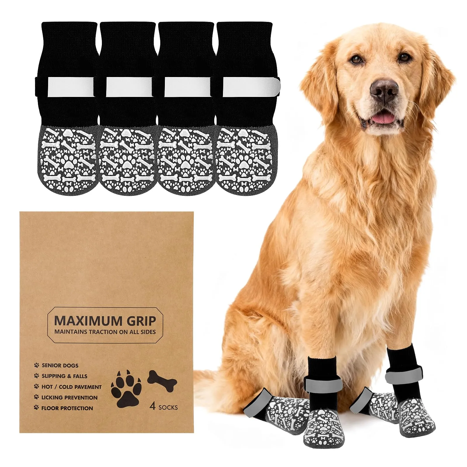 QKURT 2 Paia Calzini Antiscivolo per Cani, Protezioni per Zampe di Cane con Cinghie Regolabili, Protezione dalle Leccate alle Zampe, Calzini per Cani per Camminare sui Pavimenti in Legno,L - immagine 1