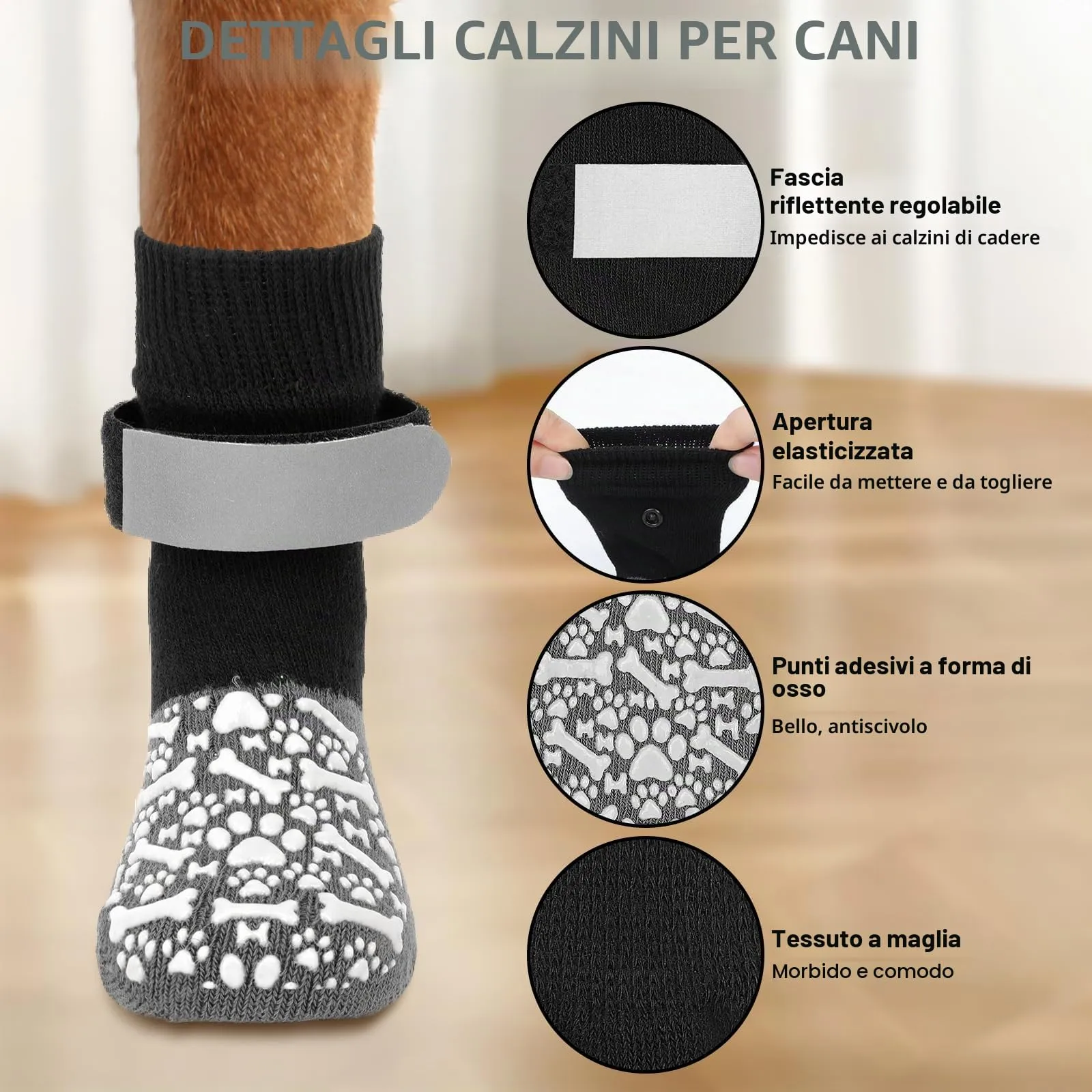 QKURT 2 Paia Calzini Antiscivolo per Cani, Protezioni per Zampe di Cane con Cinghie Regolabili, Protezione dalle Leccate alle Zampe, Calzini per Cani per Camminare sui Pavimenti in Legno,L - immagine 5