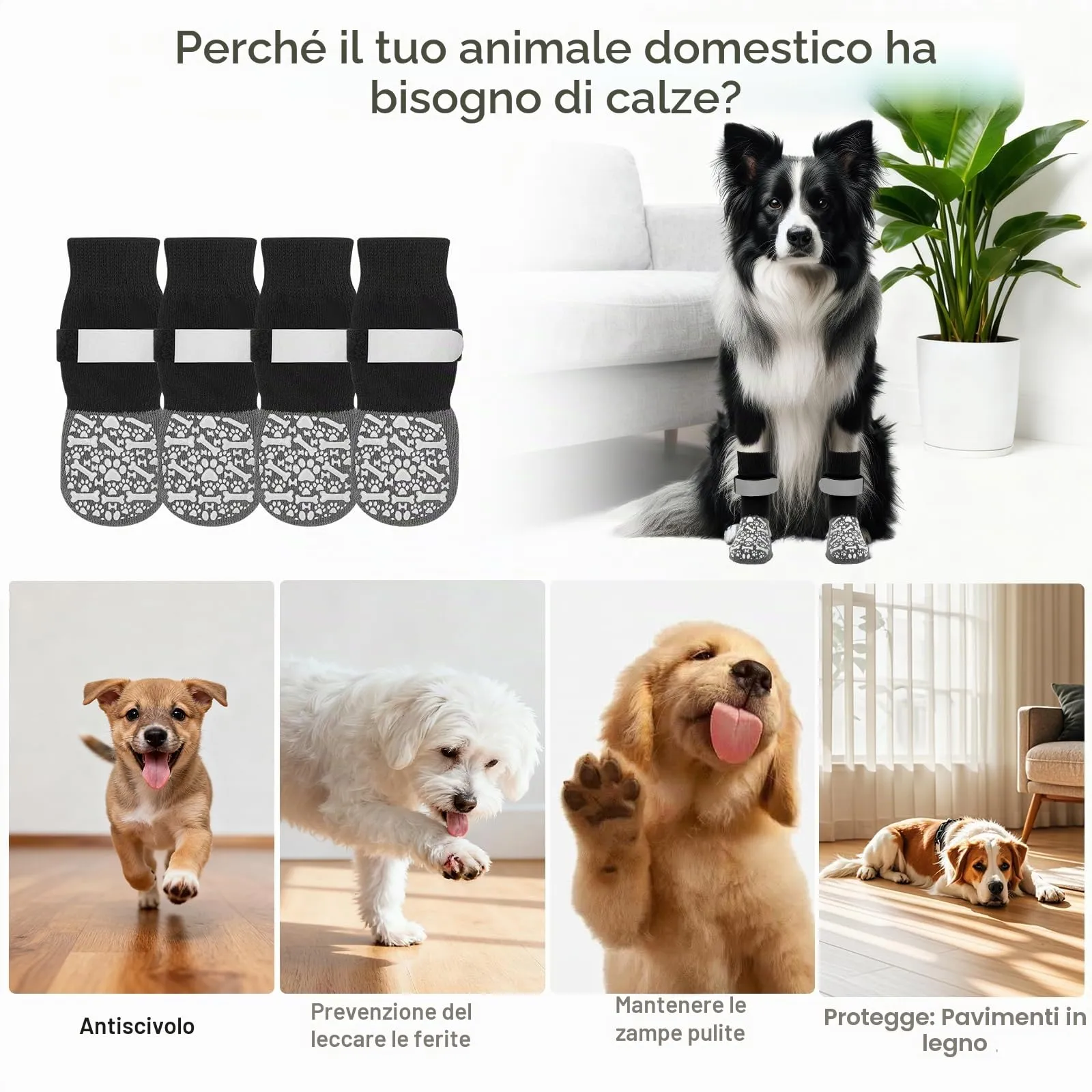 QKURT 2 Paia Calzini Antiscivolo per Cani, Protezioni per Zampe di Cane con Cinghie Regolabili, Protezione dalle Leccate alle Zampe, Calzini per Cani per Camminare sui Pavimenti in Legno,L - immagine 6
