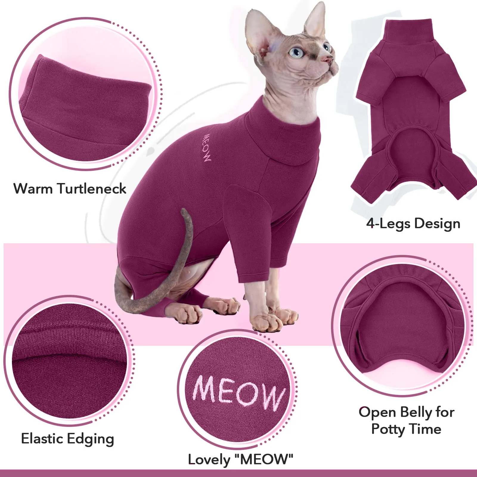 Vestiti per Gatti Sphynx, Pullover Gatti Maglia a Collo Alto per GattiSenza peli Felpa Calda Maglione Abbigliamento Invernale con Maniche per Sphynx/Cornish Rex/Devon Rex/Peterbald(Viola, S) - immagine 4