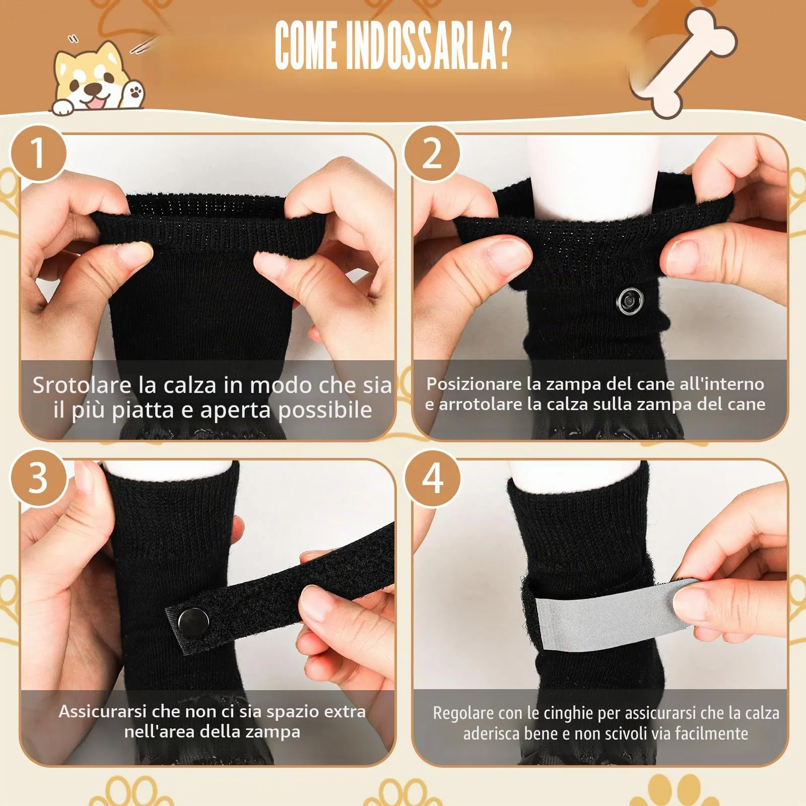 QKURT 2 Paia Calzini Antiscivolo per Cani, Protezioni per Zampe di Cane con Cinghie Regolabili, Protezione dalle Leccate alle Zampe, Calzini per Cani per Camminare sui Pavimenti in Legno,L - immagine 4