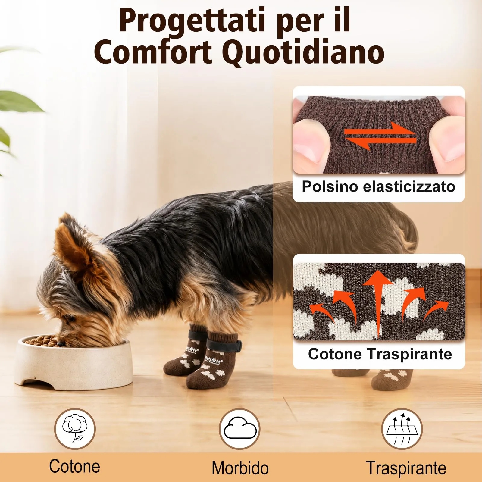 PETLOFT Calzini Antiscivolo per Cani Anziani/Piccoli/Medi, Calzini Regolabili in Cotone per Proteggere Le Zampe e Prevenire Leccate, per Pavimenti in Legno Trazione Interna, Piccolo, Marrone caffè - immagine 5