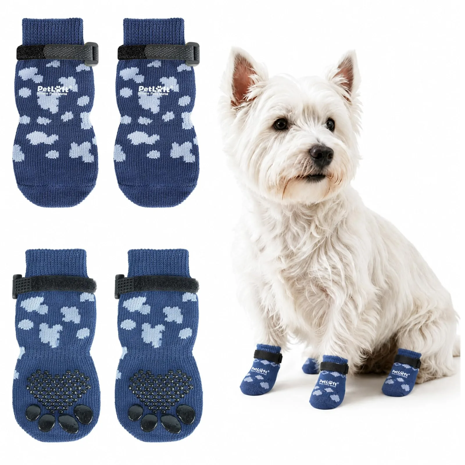 PETLOFT Calzini Antiscivolo per Cani Anziani/Piccoli/Medi, Calzini Regolabili in Cotone per Proteggere Le Zampe e Prevenire Leccate, per Pavimenti in Legno Trazione Interna, Grande, Blu - immagine 1