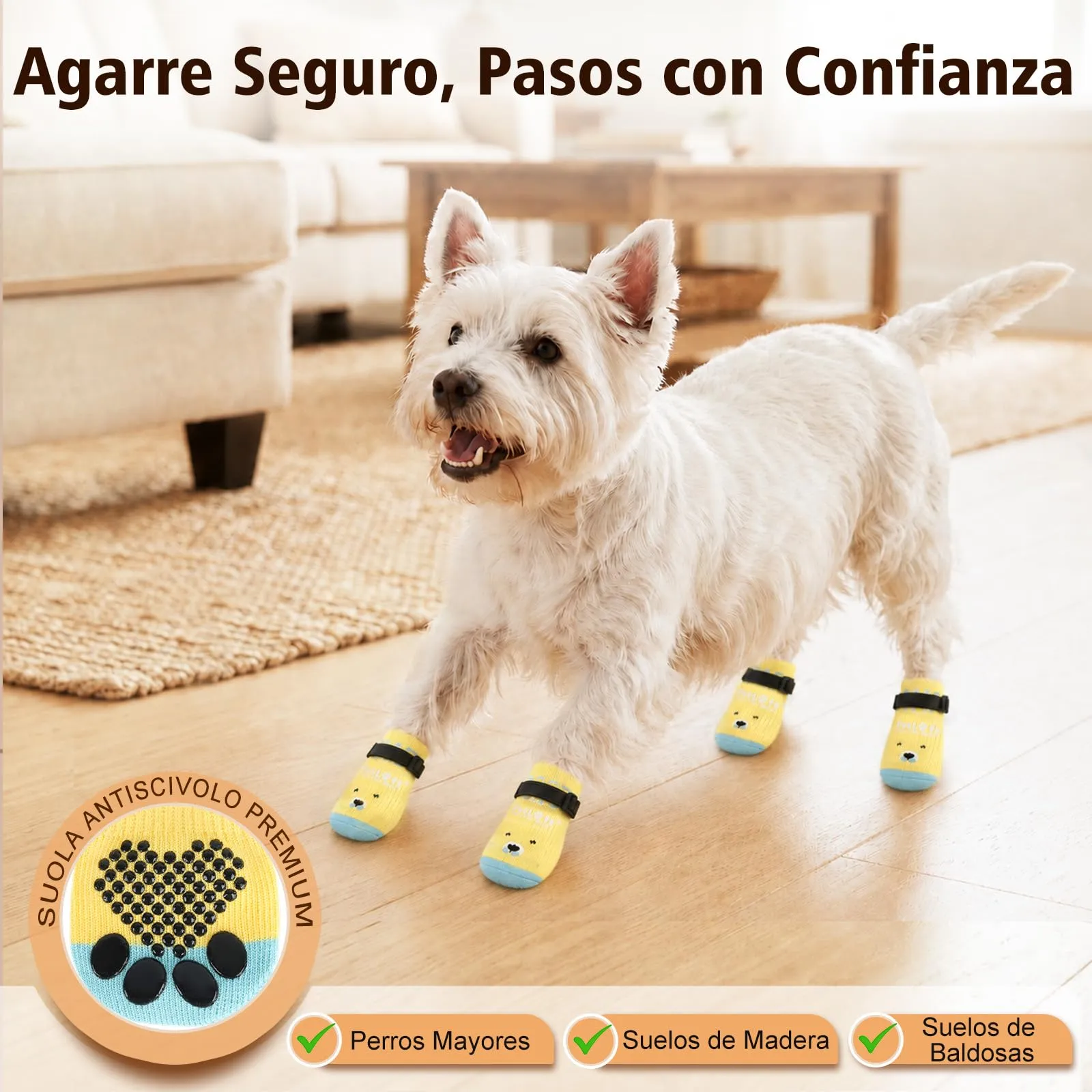 PETLOFT Calzini Antiscivolo per Cani Anziani/Piccoli/Medi, Calzini Regolabili in Cotone per Proteggere Le Zampe e Prevenire Leccate, per Pavimenti in Legno Trazione Interna, Medio, Giallo Chiaro - immagine 2