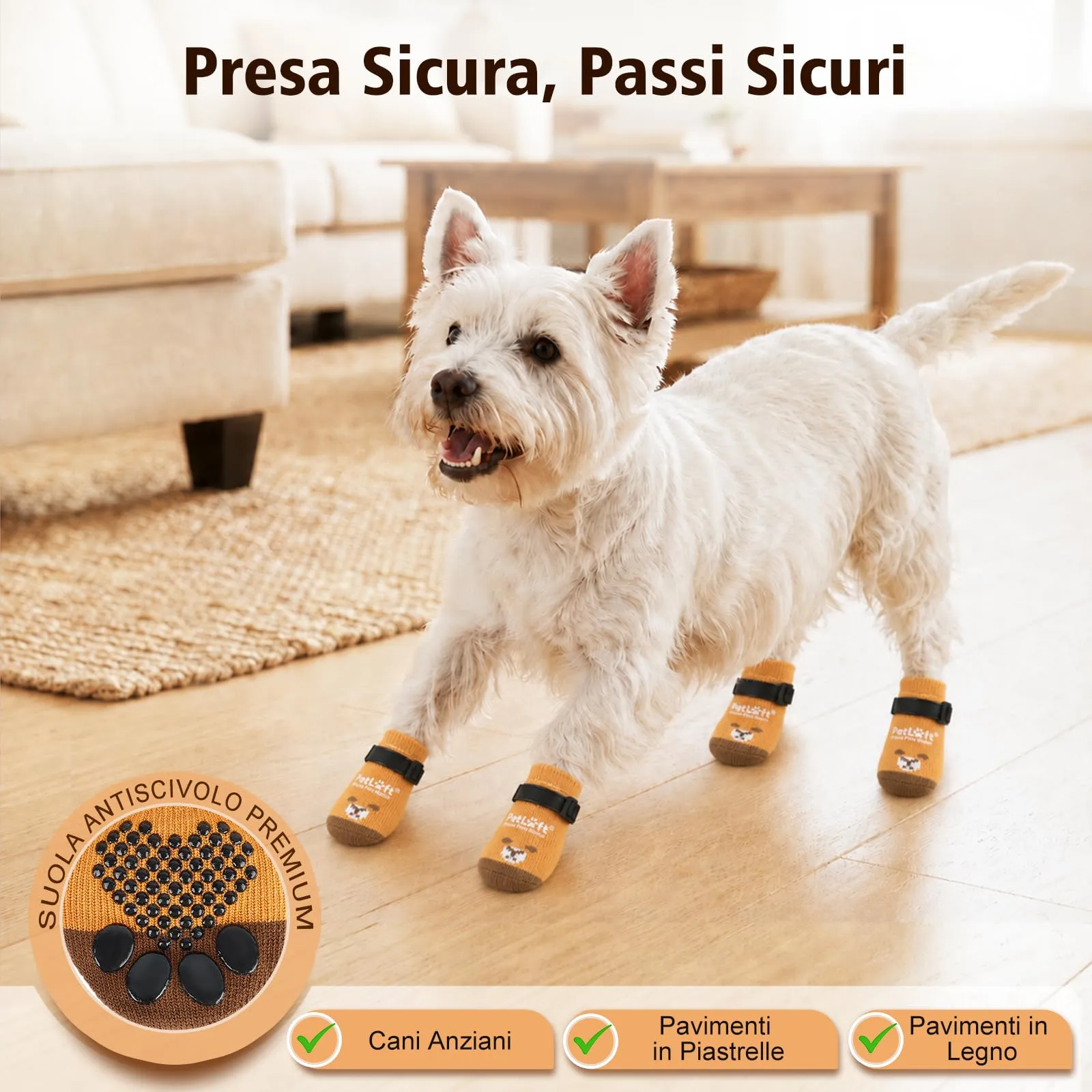PETLOFT Calzini Antiscivolo per Cani Anziani/Piccoli/Medi, Calzini Regolabili in Cotone per Proteggere Le Zampe e Prevenire Leccate, per Pavimenti in Legno Trazione Interna, Medio, Giallo Curry - immagine 2