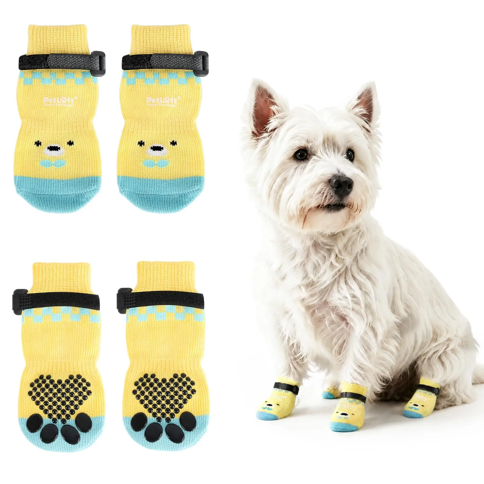 PETLOFT Calzini Antiscivolo per Cani Anziani/Piccoli/Medi, Calzini Regolabili in Cotone per Proteggere Le Zampe e Prevenire Leccate, per Pavimenti in Legno Trazione Interna, Grande, Giallo Chiaro - immagine 1