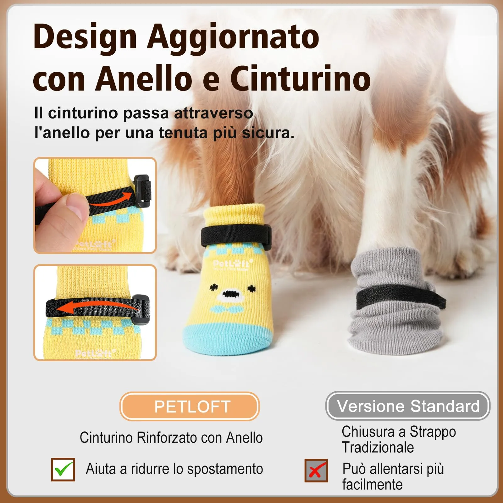 PETLOFT Calzini Antiscivolo per Cani Anziani/Piccoli/Medi, Calzini Regolabili in Cotone per Proteggere Le Zampe e Prevenire Leccate, per Pavimenti in Legno Trazione Interna, Grande, Giallo Chiaro - immagine 3