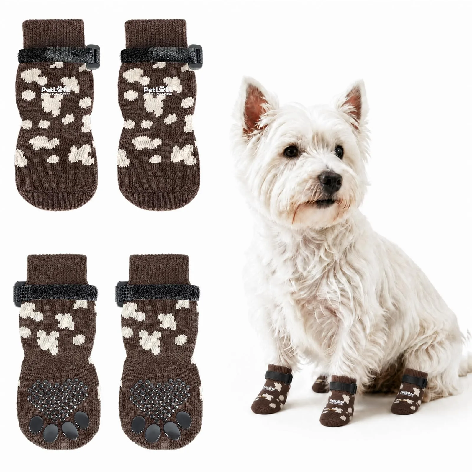 PETLOFT Calzini Antiscivolo per Cani Anziani/Piccoli/Medi, Calzini Regolabili in Cotone per Proteggere Le Zampe e Prevenire Leccate, per Pavimenti in Legno Trazione Interna, Medio, Marrone caffè - immagine 1