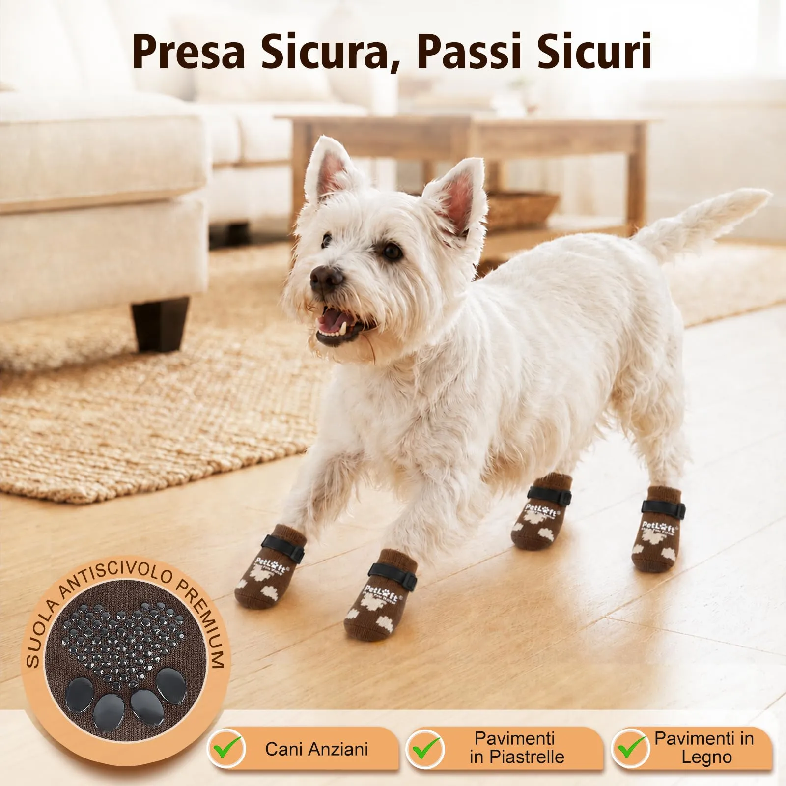 PETLOFT Calzini Antiscivolo per Cani Anziani/Piccoli/Medi, Calzini Regolabili in Cotone per Proteggere Le Zampe e Prevenire Leccate, per Pavimenti in Legno Trazione Interna, Medio, Marrone caffè - immagine 2
