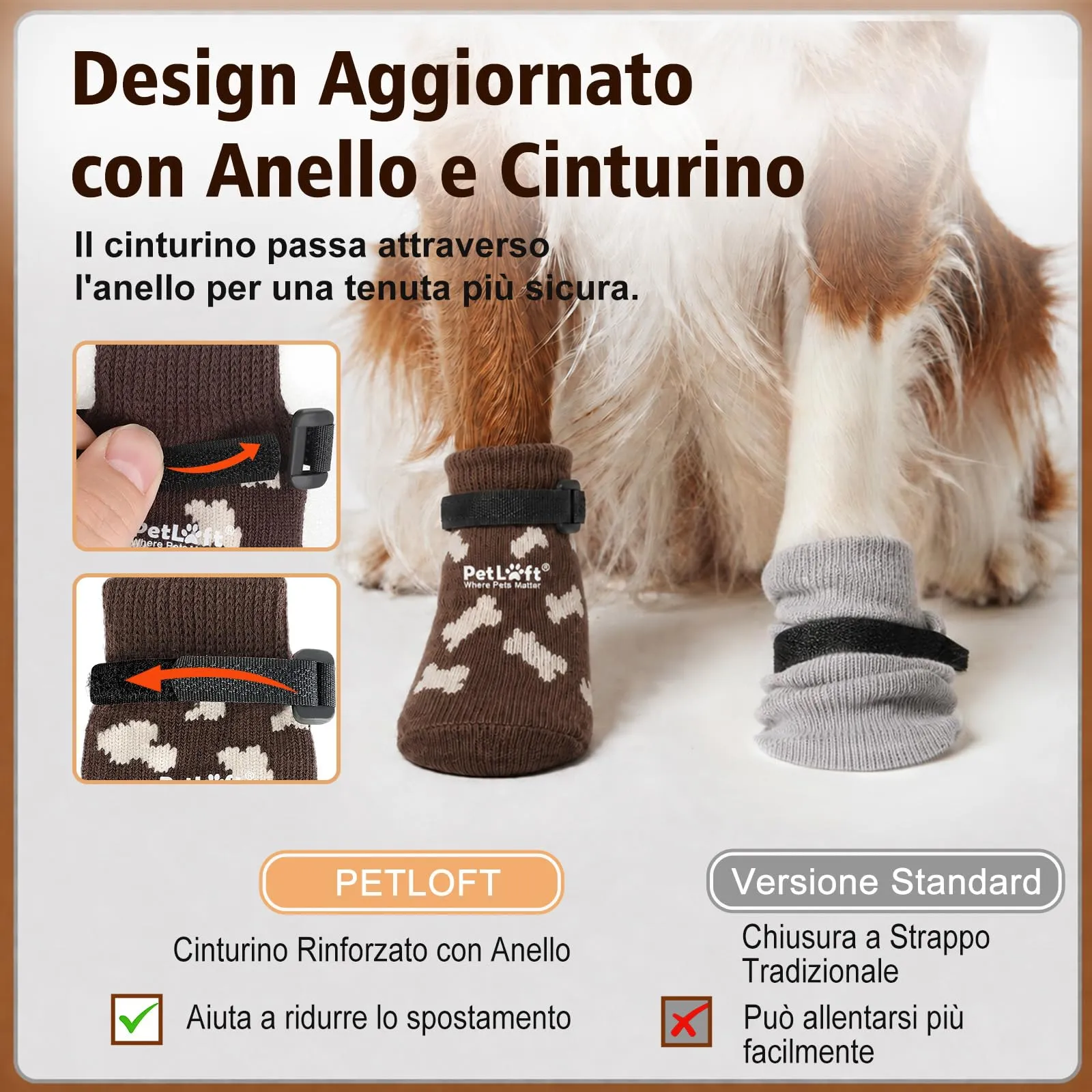 PETLOFT Calzini Antiscivolo per Cani Anziani/Piccoli/Medi, Calzini Regolabili in Cotone per Proteggere Le Zampe e Prevenire Leccate, per Pavimenti in Legno Trazione Interna, Medio, Marrone caffè - immagine 3