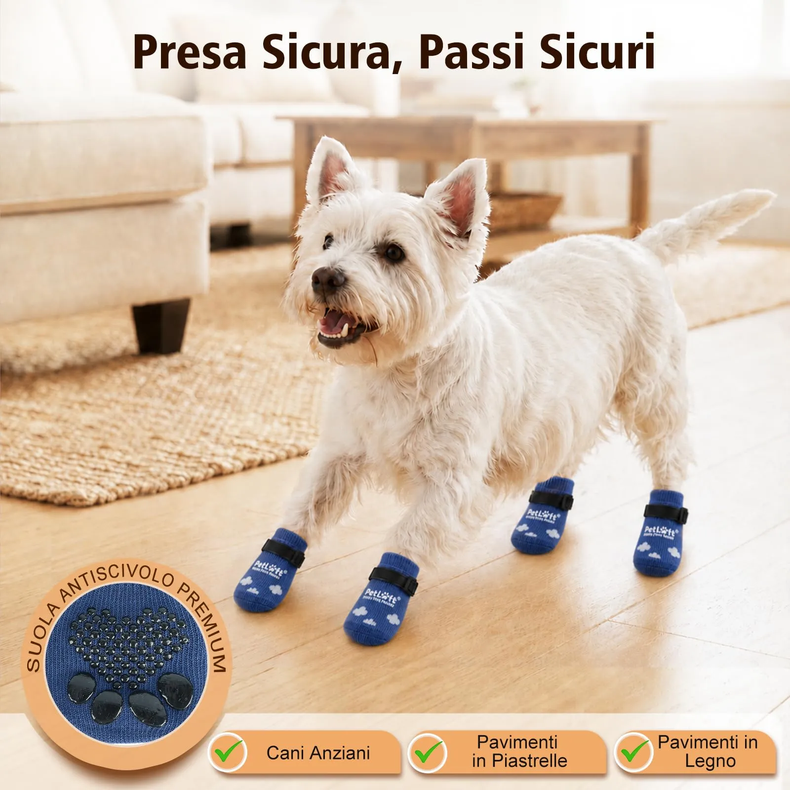 PETLOFT Calzini Antiscivolo per Cani Anziani/Piccoli/Medi, Calzini Regolabili in Cotone per Proteggere Le Zampe e Prevenire Leccate, per Pavimenti in Legno Trazione Interna, Piccolo, Blu - immagine 2
