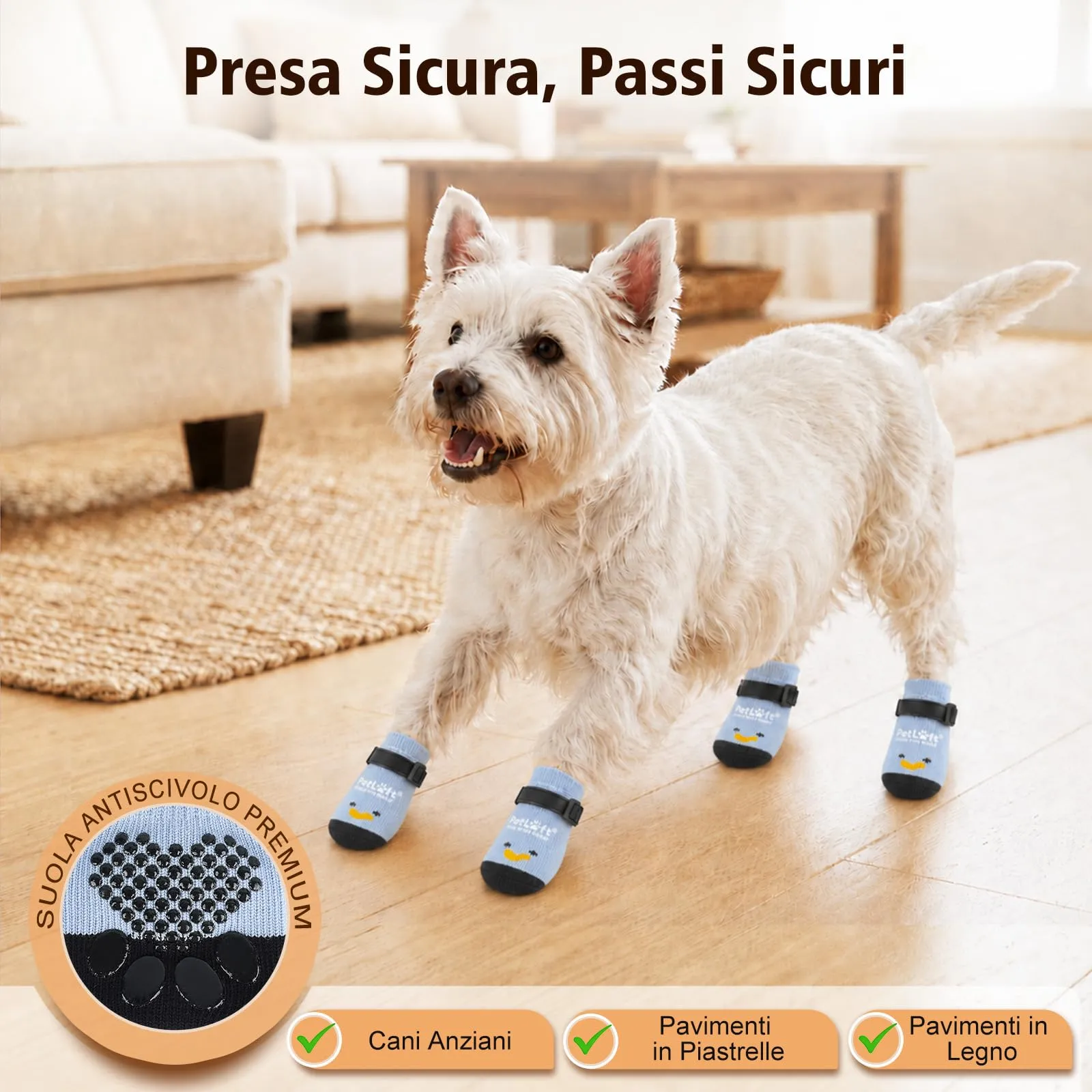 PETLOFT Calzini Antiscivolo per Cani Anziani/Piccoli/Medi, Calzini Regolabili in Cotone per Proteggere Le Zampe e Prevenire Leccate, per Pavimenti in Legno Trazione Interna, Piccolo, Azzurro Chiaro - immagine 2