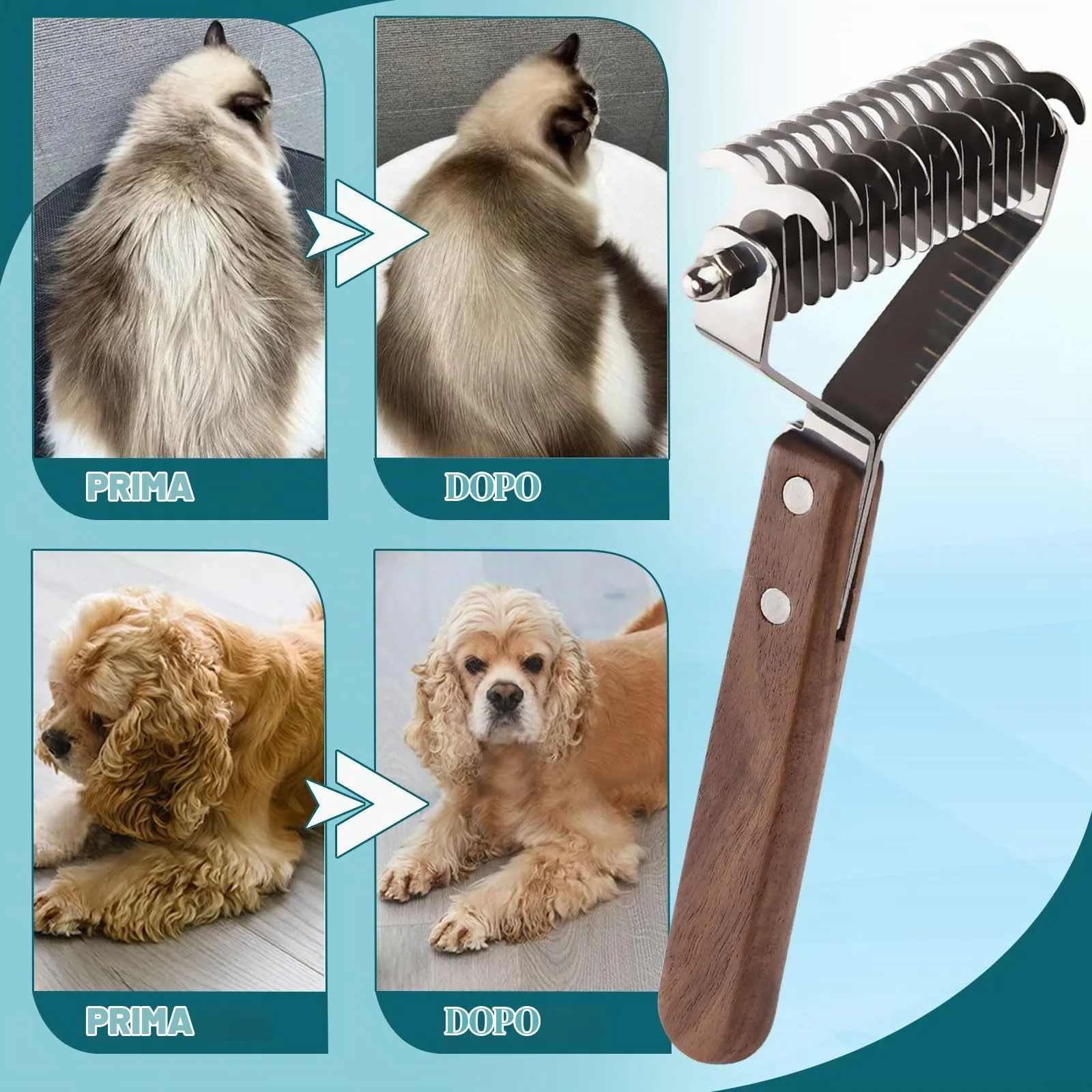 onebarleycorn Spazzola per Cane, Spazzola Cani Pettine per Gatto Eliminare Il Sottopelo ed i Peli Morti, Riduce la Perdita di Pelo(17 + 9 Denti a Doppio Lato) - immagine 6
