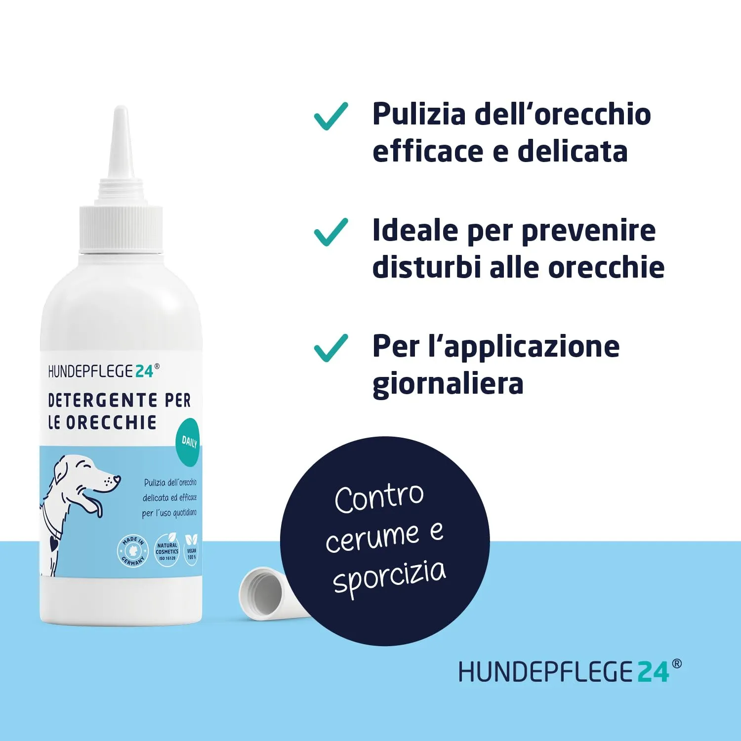 Hundepflege24 detergente Auricolare Cane - Diminuisce prurito, scuotimenti della Testa e Cattivi odori in pochi Giorni - Pulizia Orecchie Cane/Gocce Orecchie Cani e Gatti 250ml - immagine 2