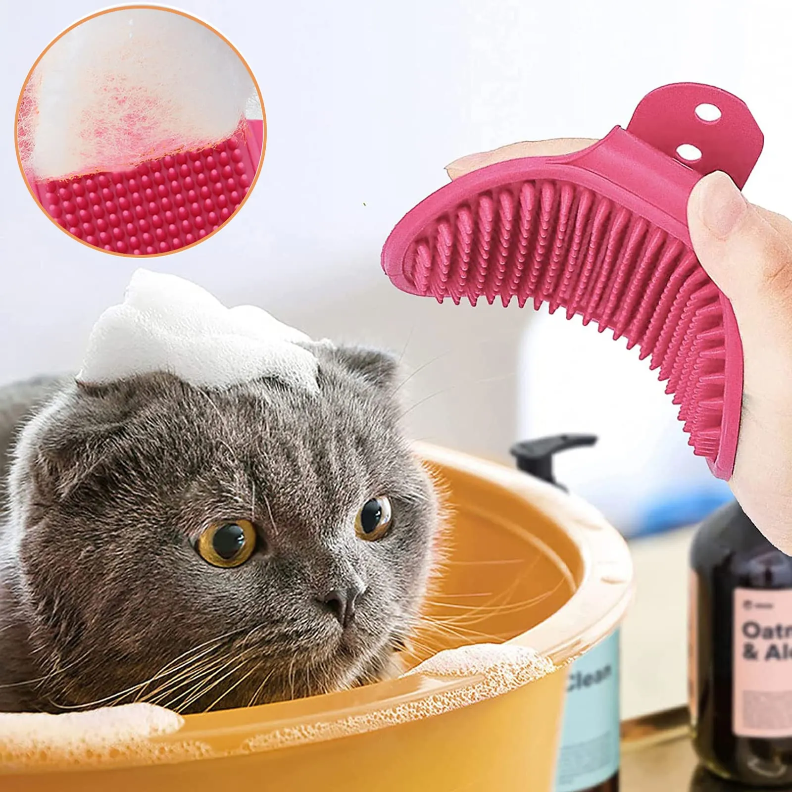 Spazzola da bagno per cani e gatti,2 Pcs Spazzola massaggiante per cani e gatti,doccia per animali domestici regolabili con manico ad anello,Pettine per la pulizia e la cura dei - immagine 4