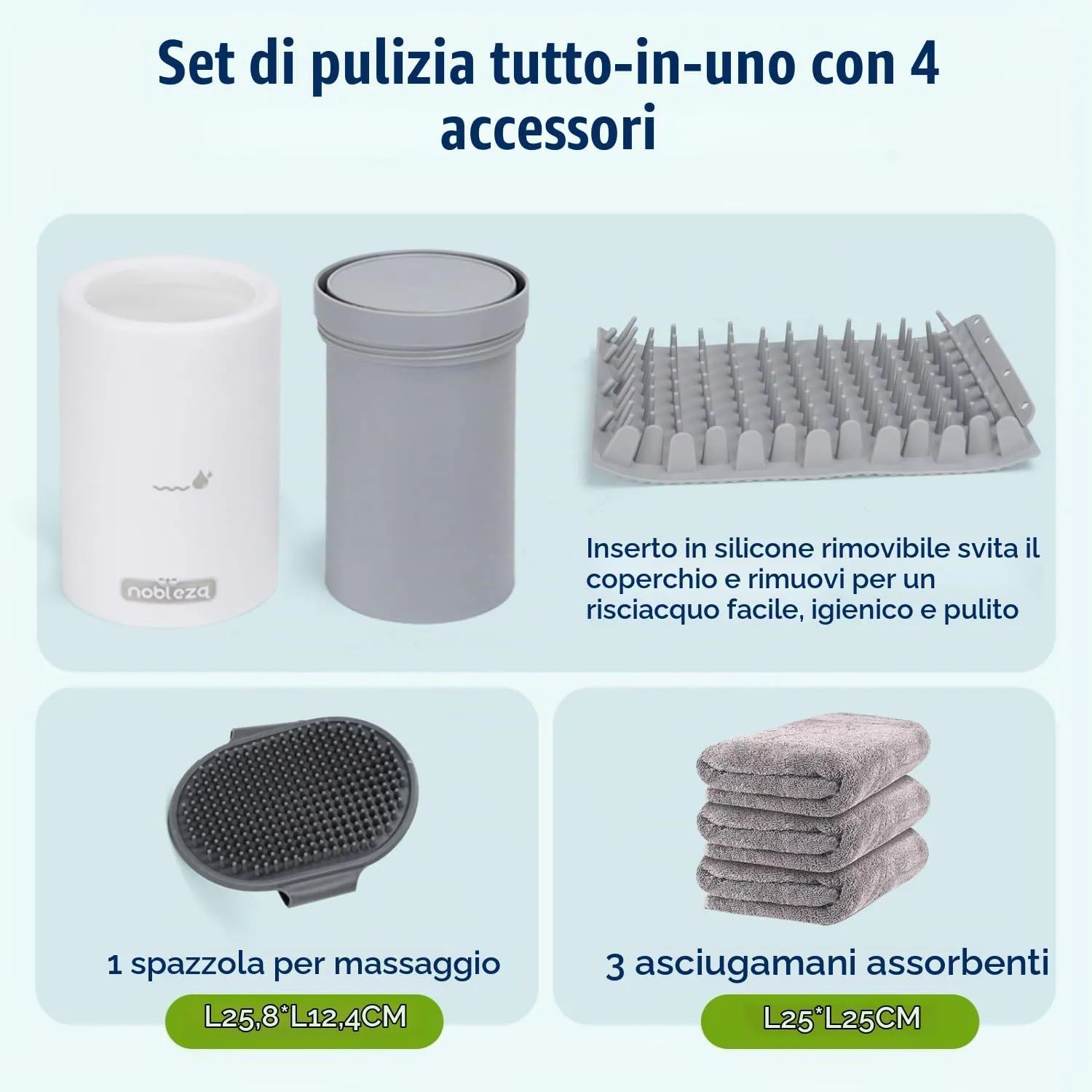 Nobleza Set Pulitore Zampe Cane, Pulisci Zampe Portatile con 3 Asciugamani in Microfibra e 1 Spazzola per Toelettatura in Silicone, Kit di Pulizia e Cura per Cani di Taglia Piccola - immagine 2