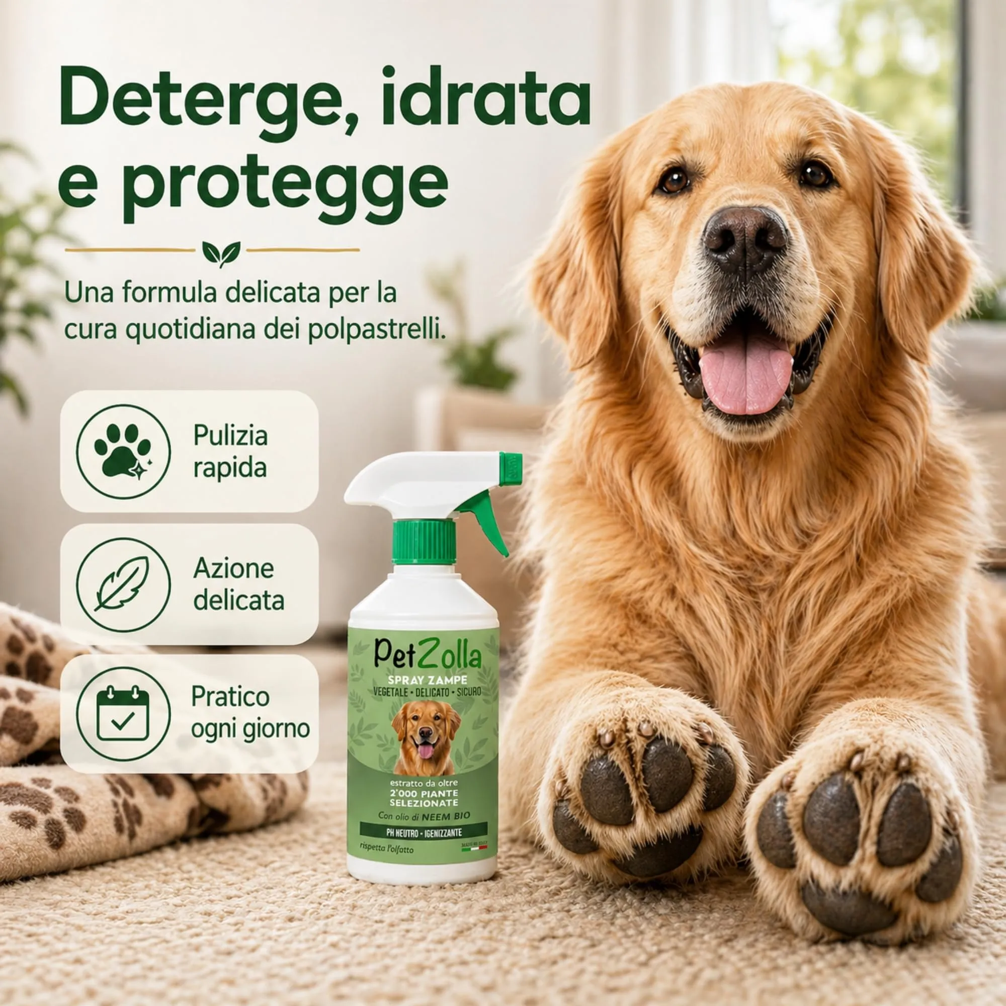 Spray pulisci zampe cane naturale e delicato 300ml, Lava zampe per cani senza risciacquo con olio di neem, argan e timo, azione idratante e protettiva - Made in Italy - immagine 2