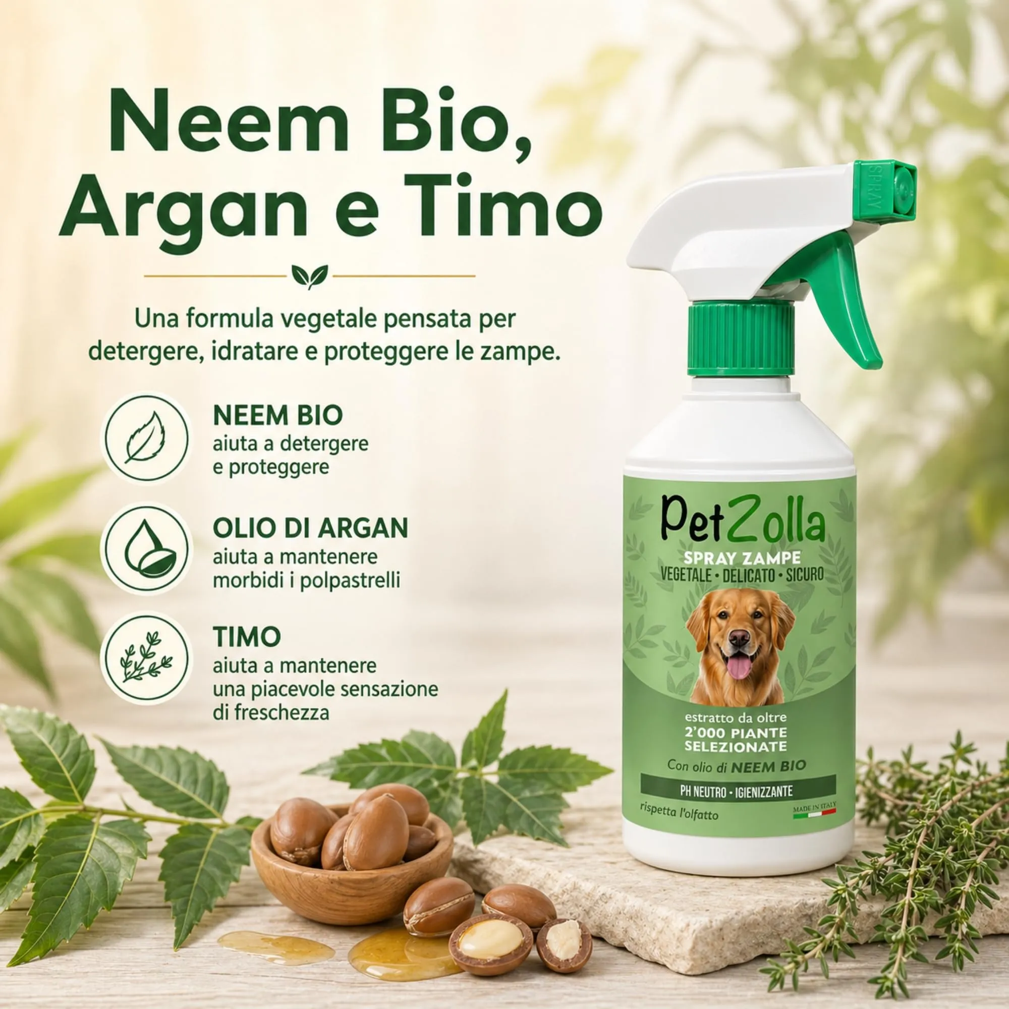 Spray pulisci zampe cane naturale e delicato 300ml, Lava zampe per cani senza risciacquo con olio di neem, argan e timo, azione idratante e protettiva - Made in Italy - immagine 3