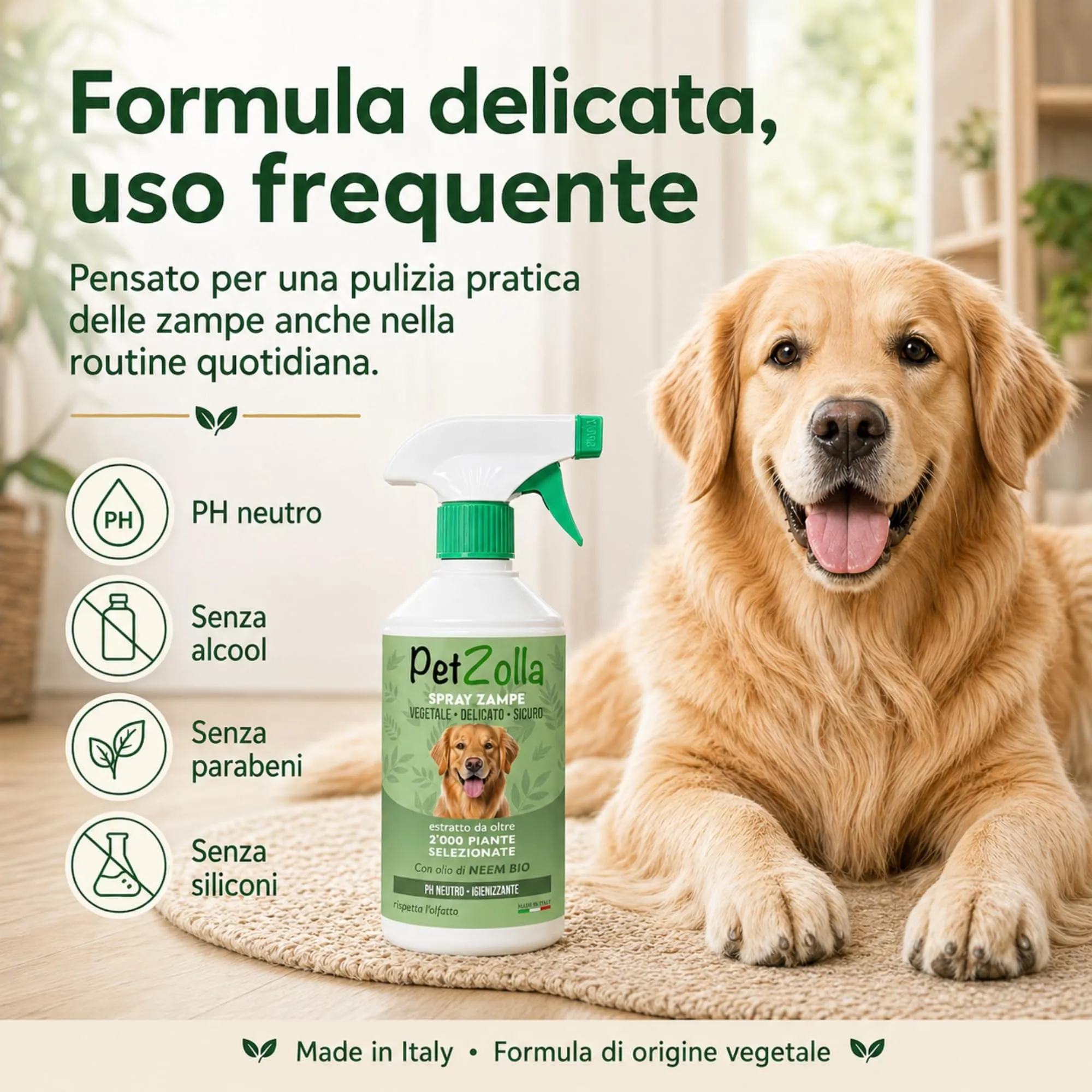 Spray pulisci zampe cane naturale e delicato 300ml, Lava zampe per cani senza risciacquo con olio di neem, argan e timo, azione idratante e protettiva - Made in Italy - immagine 6
