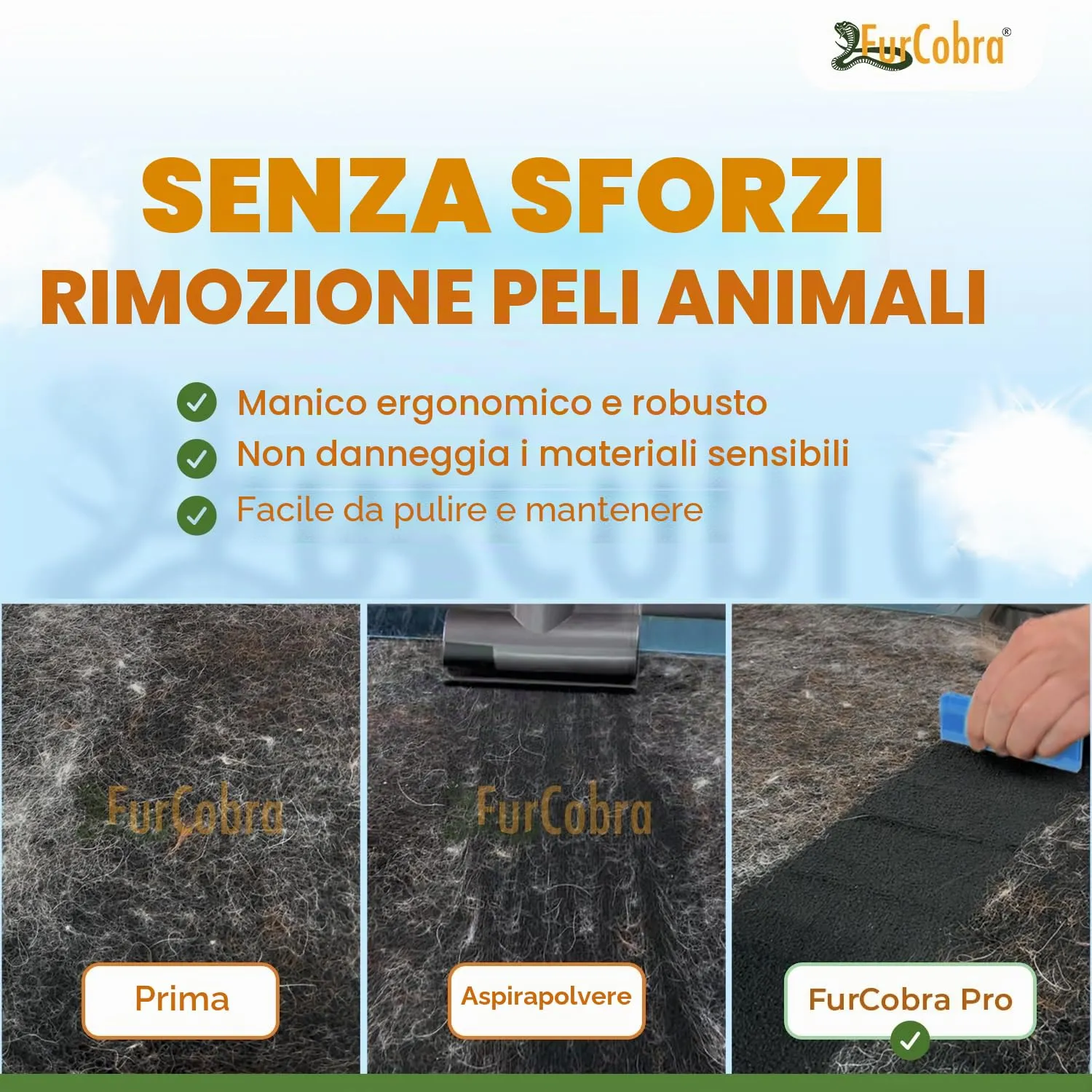 FURCOBRA Strumento leggero e compatto per rimuovere peli di cani e gatti, raschietto per letto, divano, moquette, superfici domestiche - immagine 4