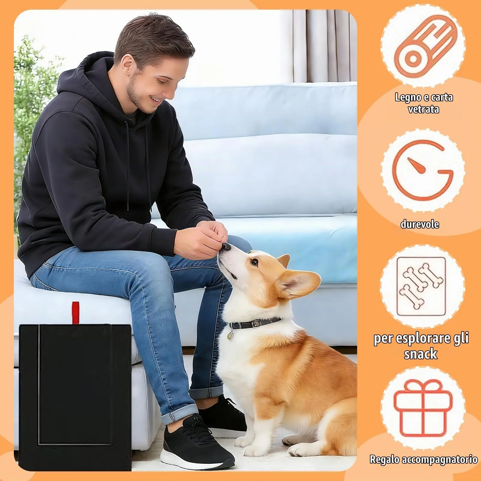 Tiragraffi per Cani, 35 x 25 x 3 cm, Tappetino per Unghie per Canis, Gratta e Graffio per Cani con Scatola per Snack, con 2 Fogli di Carta Vetrata di Ricambio e Tappetini Antiscivolo - immagine 6