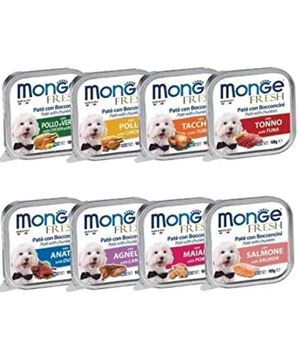 24 Vaschette Monge Fresh 100g Cibo Umido Per Cani Pate con Bocconcini Gusti Misti anatra Pollo Maiale Tonno Manzo Salmone Agnello - immagine 1