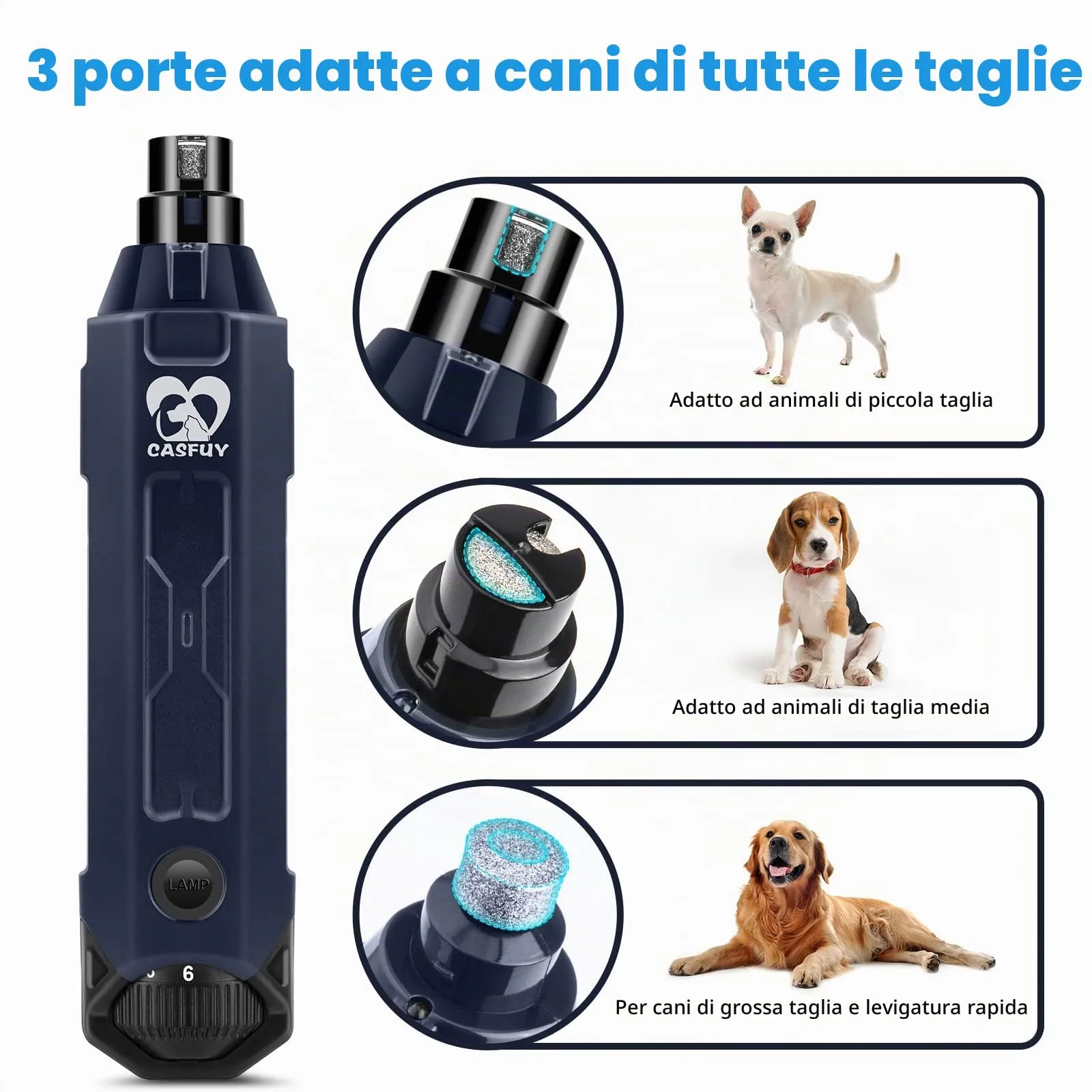 Casfuy Lima Unghie Cani à 6 Vitesses -Tagliaunghie per Cani Elettrico con 2 luci LED Ricaricabile Silenziose con Vibrazioni Ridotte a Professionale per Cani e Gatti di Taglia Piccola Media e Grande - immagine 5