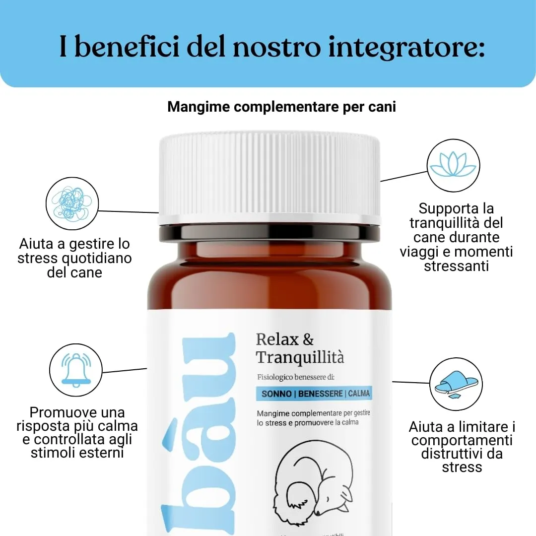 Bau Integratore Calmante per Cani, Valeriana per Cani Tranquillante, Rilassante Appetibile con Ingredienti Naturali, Ideale per Temporali, Viaggi e Ansia da Separazione- 60cps - immagine 2