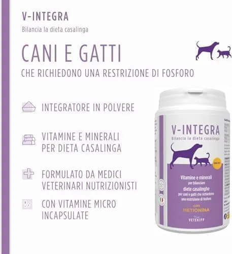 V-INTEGRA Renal Met (con Metionina) - Integratore Completo Ricco di Vitamine e Minerali, per la Dieta Casalinga di Cani e Gatti che Richiedono una Restrizione di Fosforo - 200g - Made in Italy - immagine 2