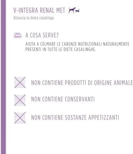 V-INTEGRA Renal Met (con Metionina) - Integratore Completo Ricco di Vitamine e Minerali, per la Dieta Casalinga di Cani e Gatti che Richiedono una Restrizione di Fosforo - 200g - Made in Italy - immagine 4