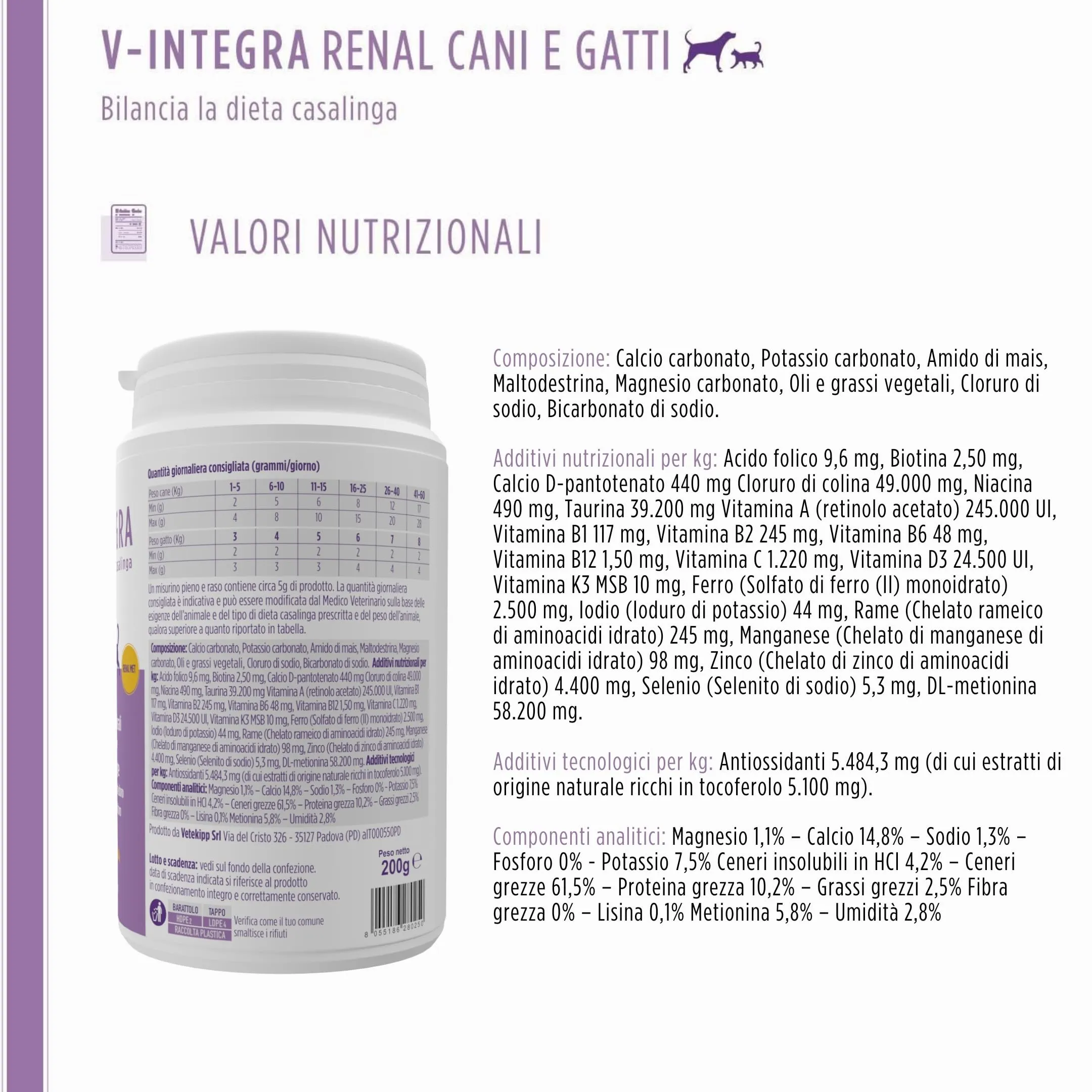 V-INTEGRA Renal Met (con Metionina) - Integratore Completo Ricco di Vitamine e Minerali, per la Dieta Casalinga di Cani e Gatti che Richiedono una Restrizione di Fosforo - 200g - Made in Italy - immagine 7