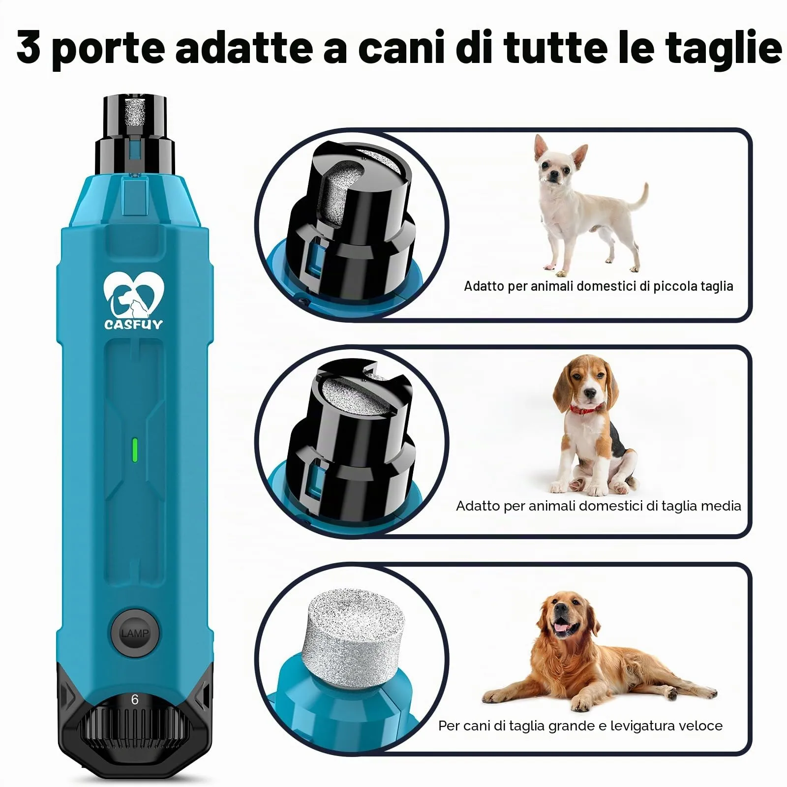 Casfuy Smerigliatrice per Unghie per Cani a 6 velocità, Super silenziosa, Ricaricabile, Elettrico, per toelettatura e levigatura delle Zampe indolori, per Cani di Taglia Grande, Media e Piccola (Blu - immagine 5