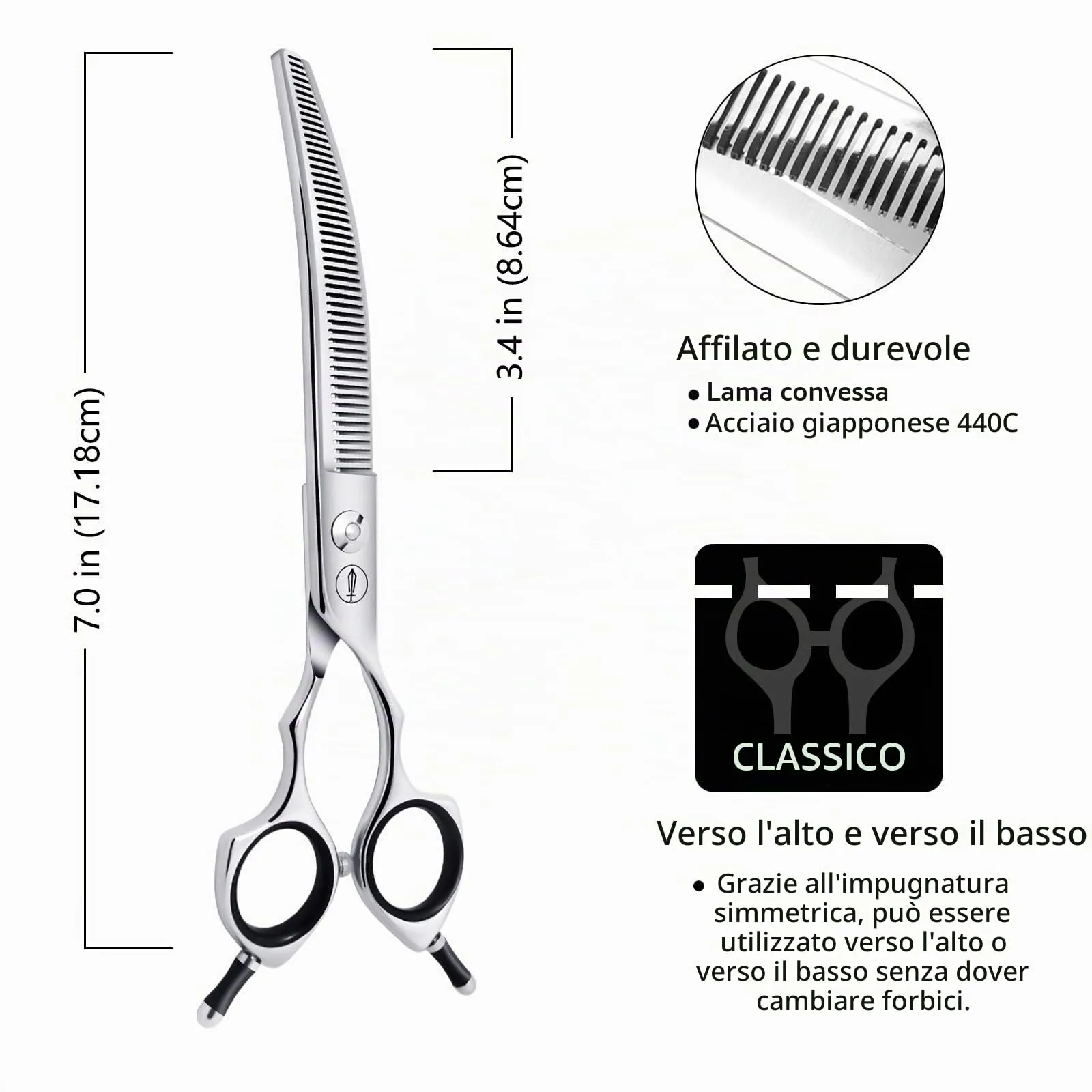 HASHIMOTO Forbici curve per cani, 50 denti, 7,0 pollici, tasso di assottigliamento del 30%, peso leggero, progettate per i toelettatori di animali domestici. - immagine 2