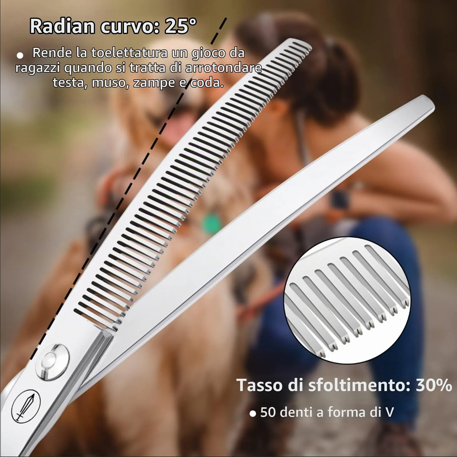HASHIMOTO Forbici curve per cani, 50 denti, 7,0 pollici, tasso di assottigliamento del 30%, peso leggero, progettate per i toelettatori di animali domestici. - immagine 3