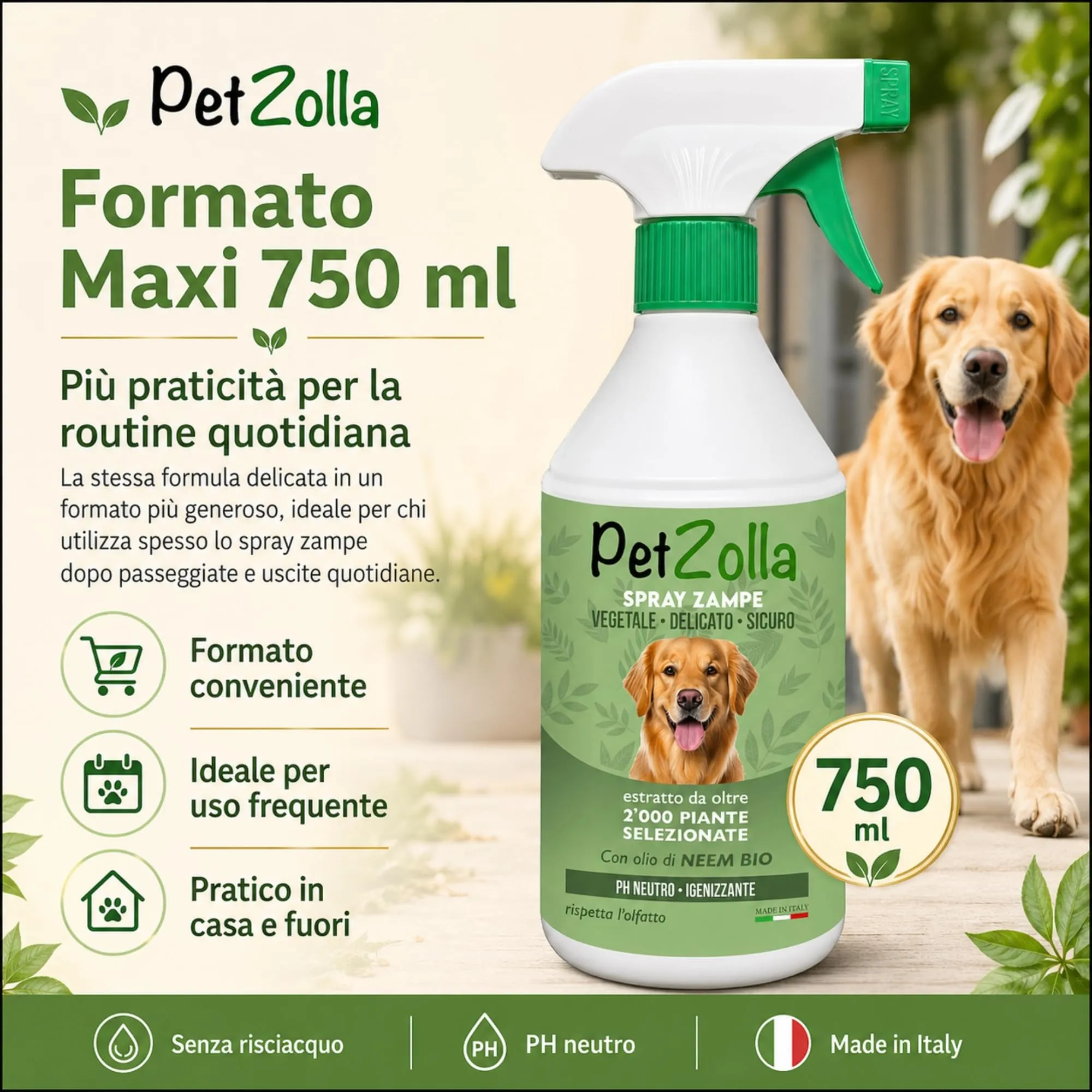 Spray pulisci zampe cane naturale e delicato 750ml, Lava zampe per cani senza risciacquo con olio di neem, argan e timo, azione idratante e protettiva - Made in Italy - immagine 2