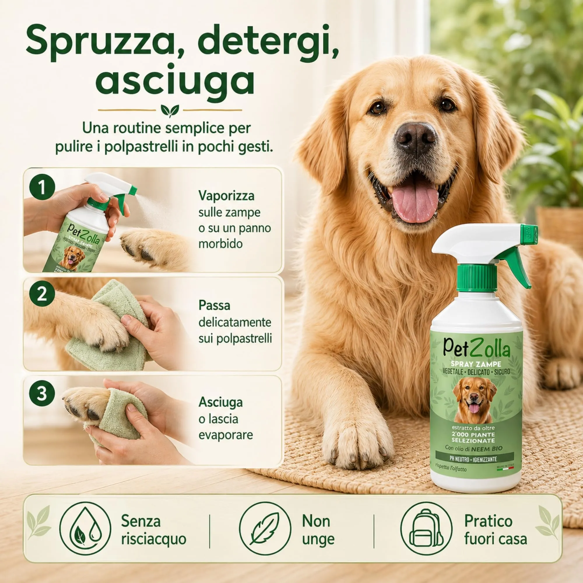 Spray pulisci zampe cane naturale e delicato 750ml, Lava zampe per cani senza risciacquo con olio di neem, argan e timo, azione idratante e protettiva - Made in Italy - immagine 5