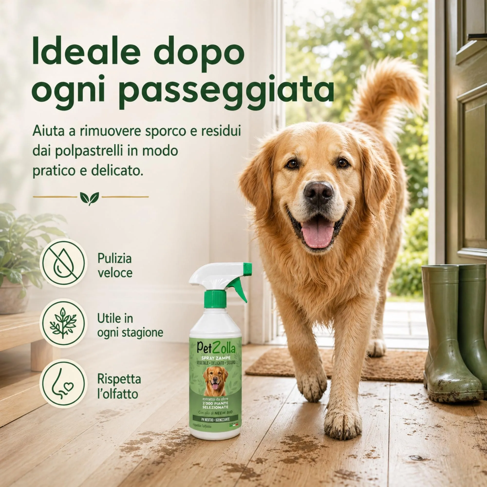 Spray pulisci zampe cane naturale e delicato 750ml, Lava zampe per cani senza risciacquo con olio di neem, argan e timo, azione idratante e protettiva - Made in Italy - immagine 6