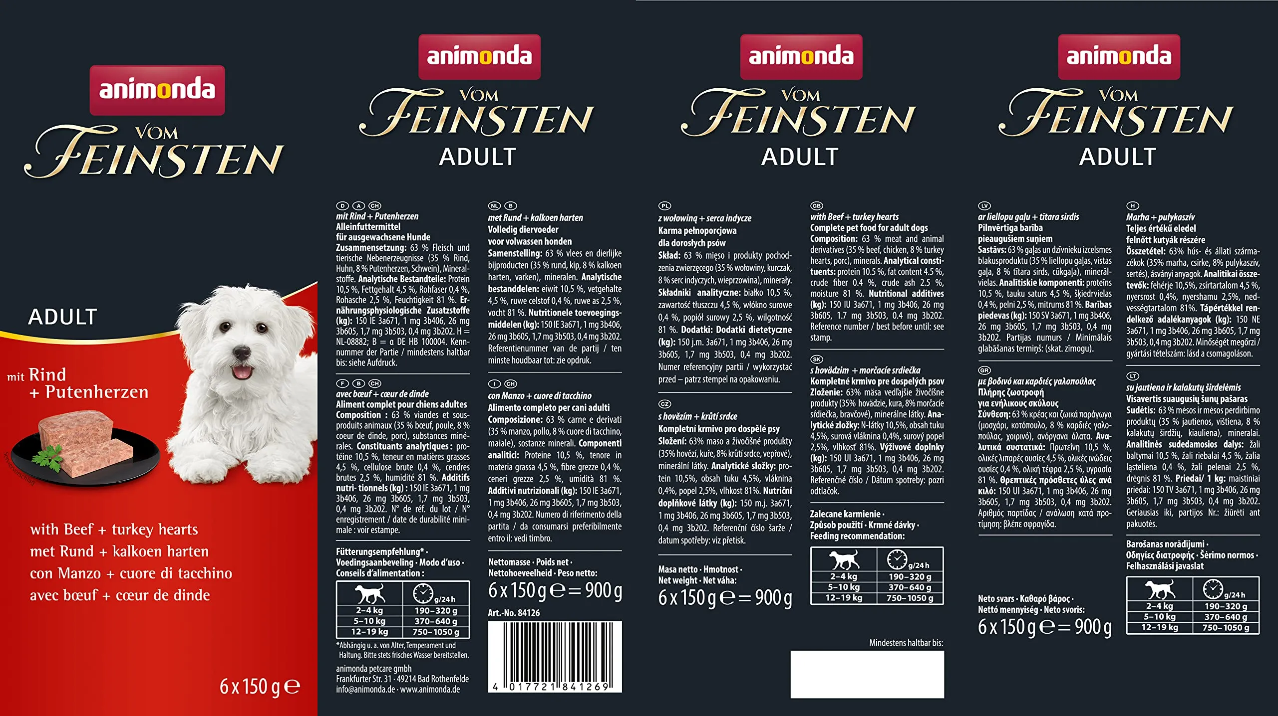 Del miglior cibo per cani bagnato con manzo + cuori di tacchino (6 x 150 g), cibo per cani senza cereali e zucchero di animonda, ingredienti freschi e carnali - immagine 3