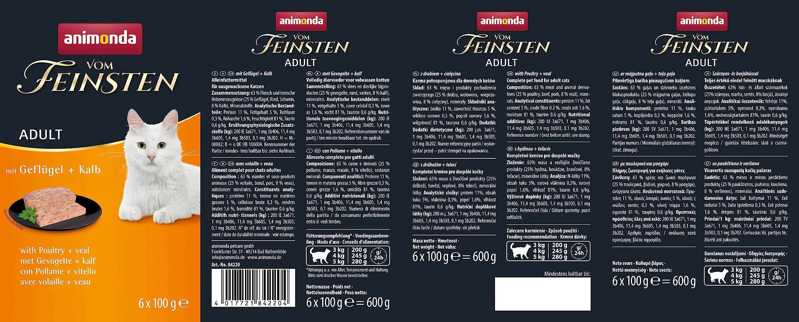 animonda vom Feinsten Cibo umido per gatti con pollame + vitello (6 x 100 g), senza cereali, senza zucchero, con ingredienti freschi e carnosi - immagine 2