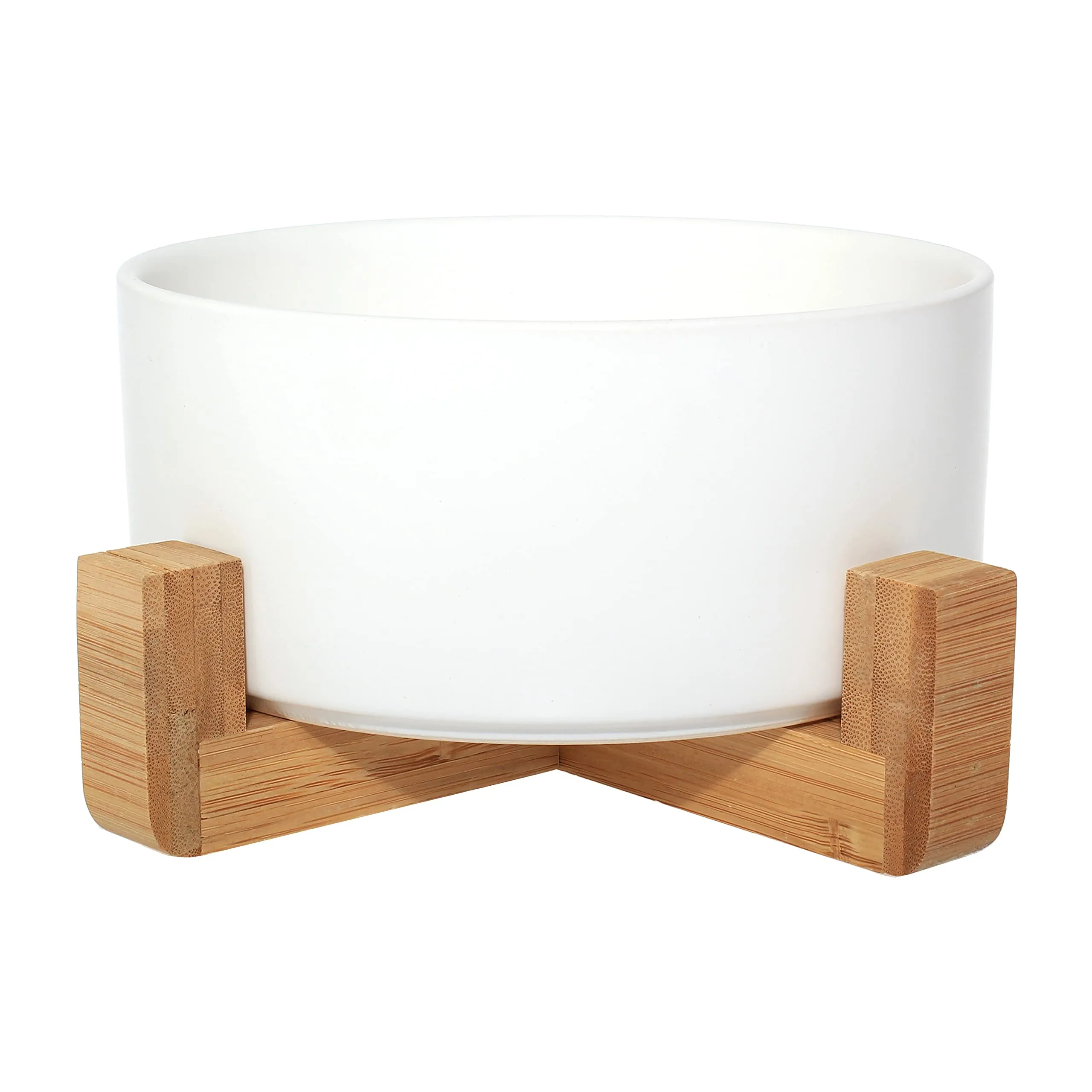 Ciotola in ceramica con supporto in bambù per cani e gatti, ciotola rialzata per una posizione comoda per mangiare e bere, opzioni, capacità 850 ml (Bianco) - immagine 1