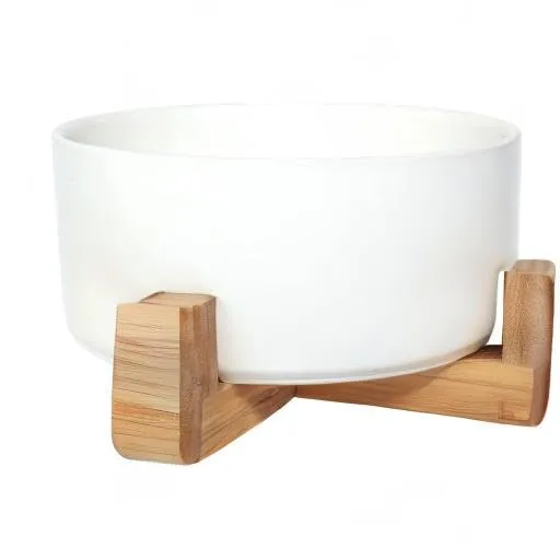 Ciotola in ceramica con supporto in bambù per cani e gatti, ciotola rialzata per una posizione comoda per mangiare e bere, opzioni, capacità 850 ml (Bianco) - immagine 9