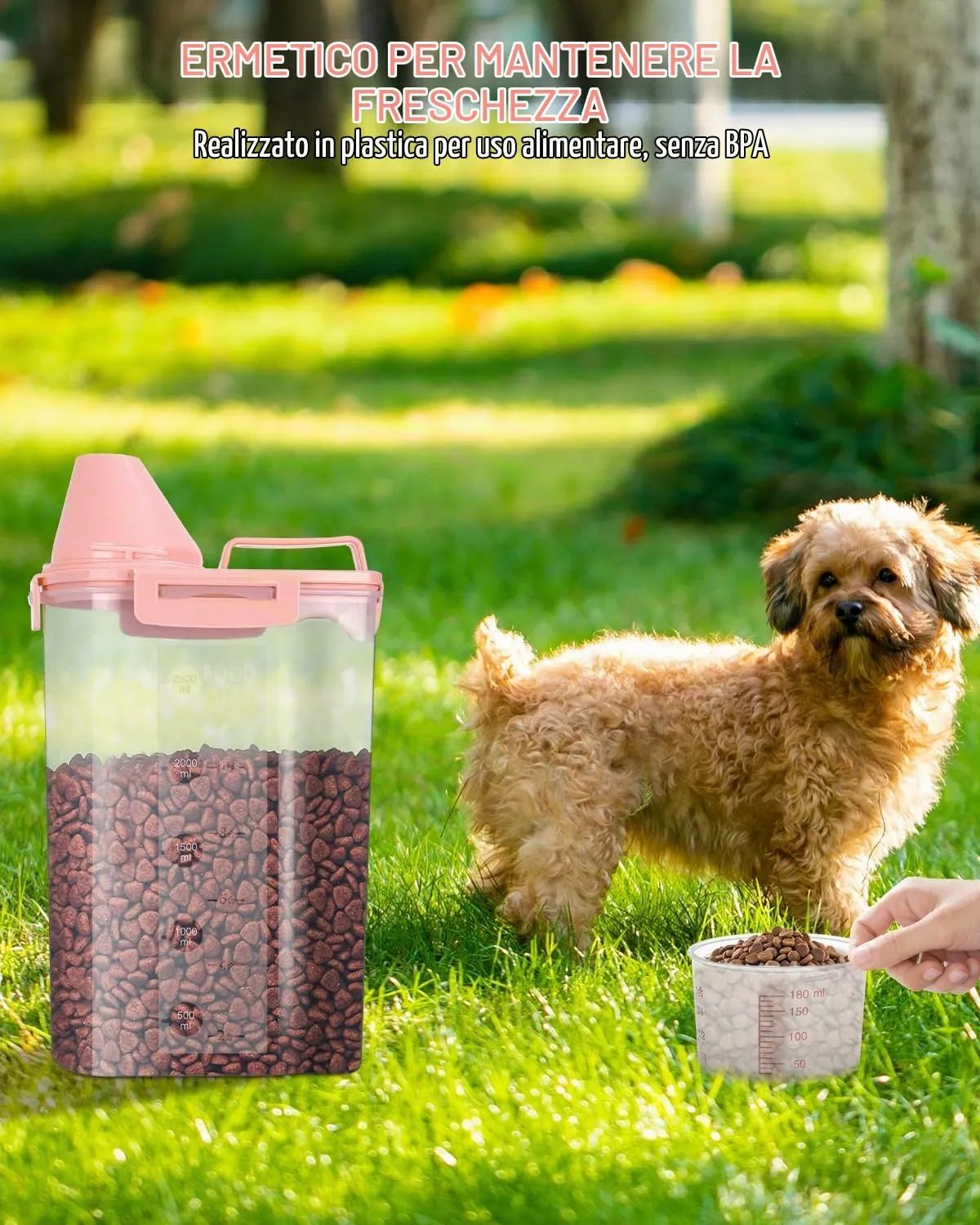 jutyum 2Pcs Contenitore Crocchette Cane 3L, Contenitori per Alimenti, Barattoli Cucina, Dispenser Detersivo Lavatrice, Organizer Cucina, Trasparente Contenitore Crocchette Gatto con Misurino - immagine 5