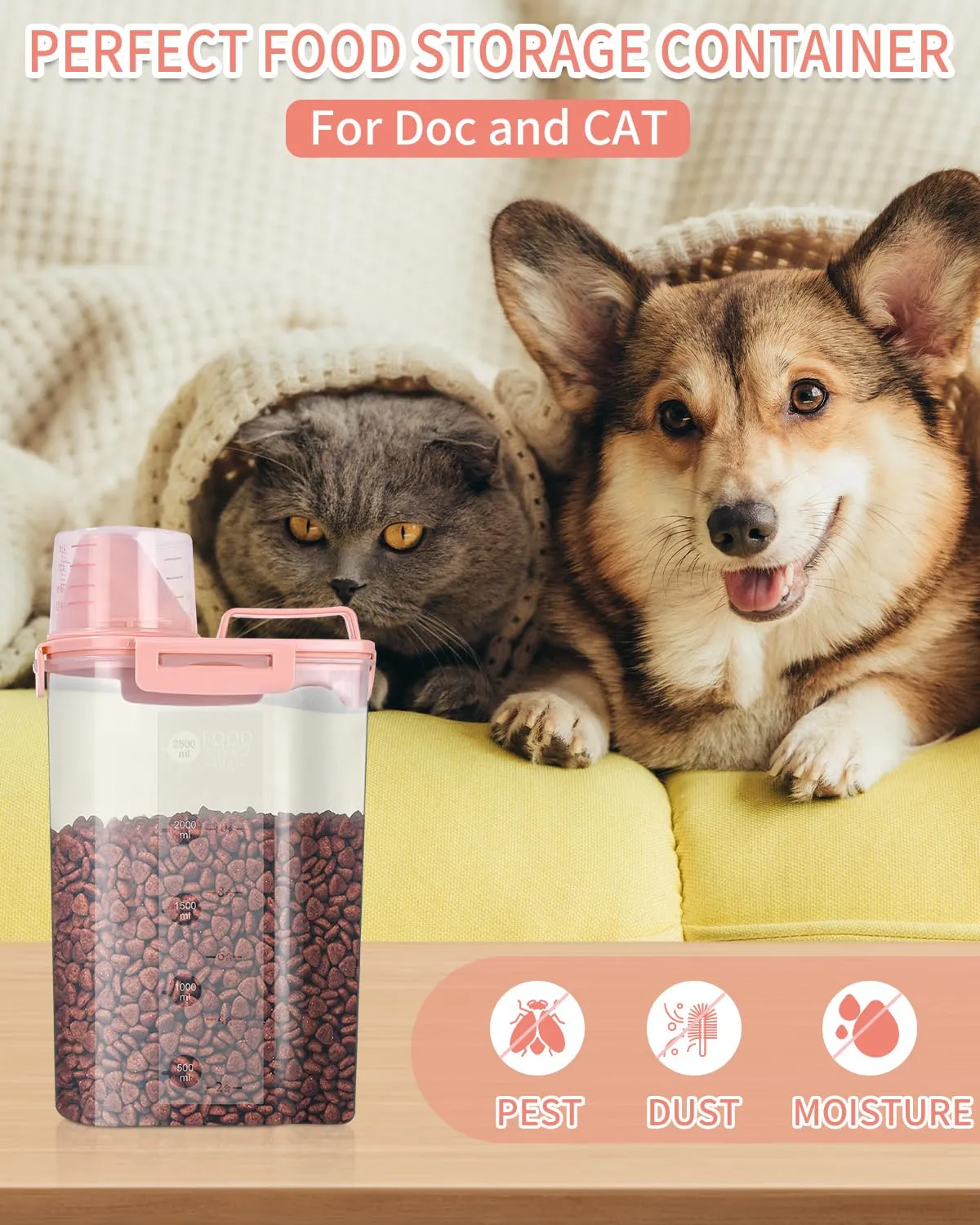jutyum 2Pcs Contenitore Crocchette Cane 3L, Contenitori per Alimenti, Barattoli Cucina, Dispenser Detersivo Lavatrice, Organizer Cucina, Trasparente Contenitore Crocchette Gatto con Misurino - immagine 6