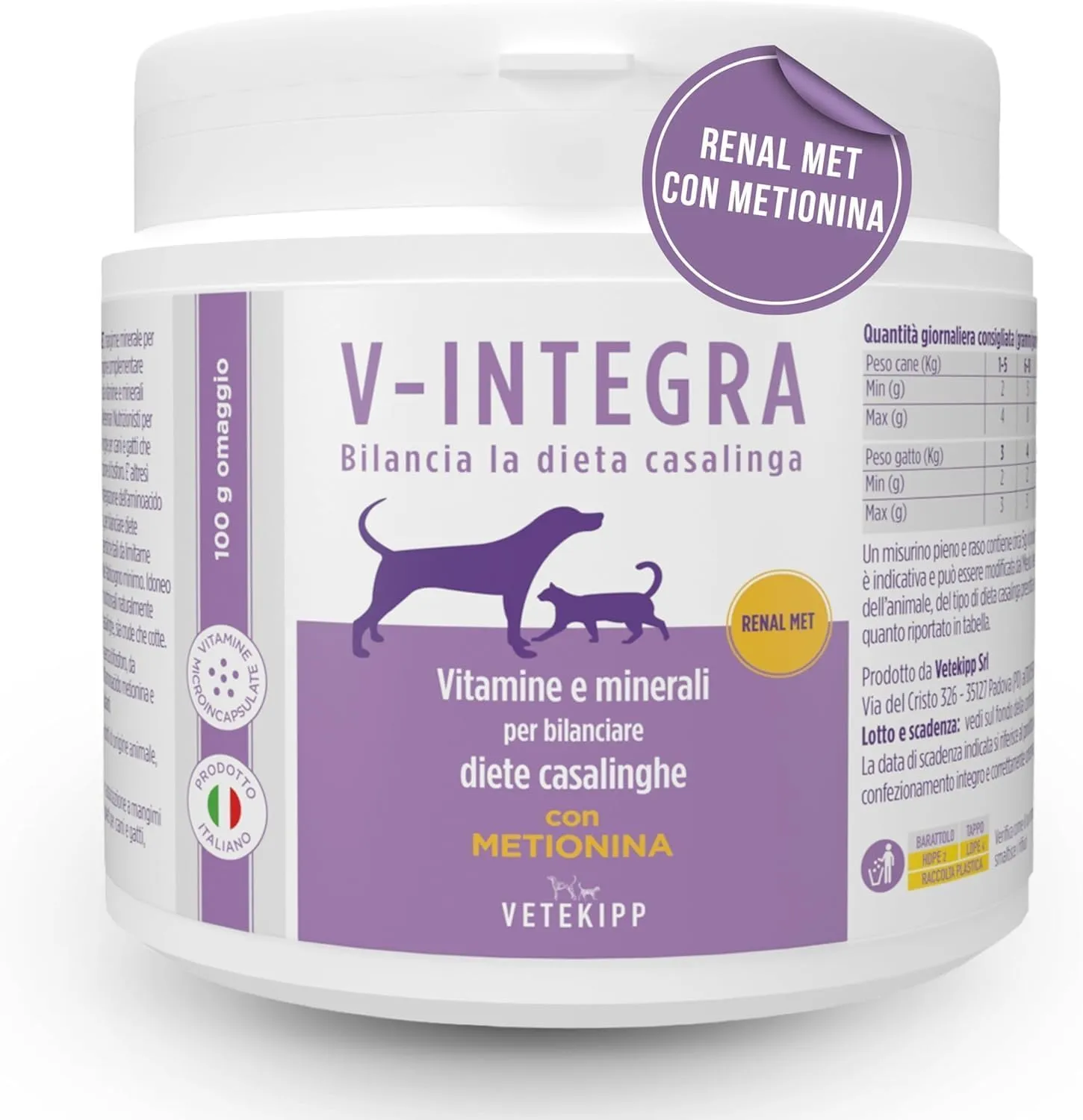 V-INTEGRA Renal Met (con Metionina) - Integratore Completo Ricco di Vitamine e Minerali, per la Dieta Casalinga di Cani e Gatti che Richiedono una Restrizione di Fosforo - 500g - Made in Italy - immagine 1