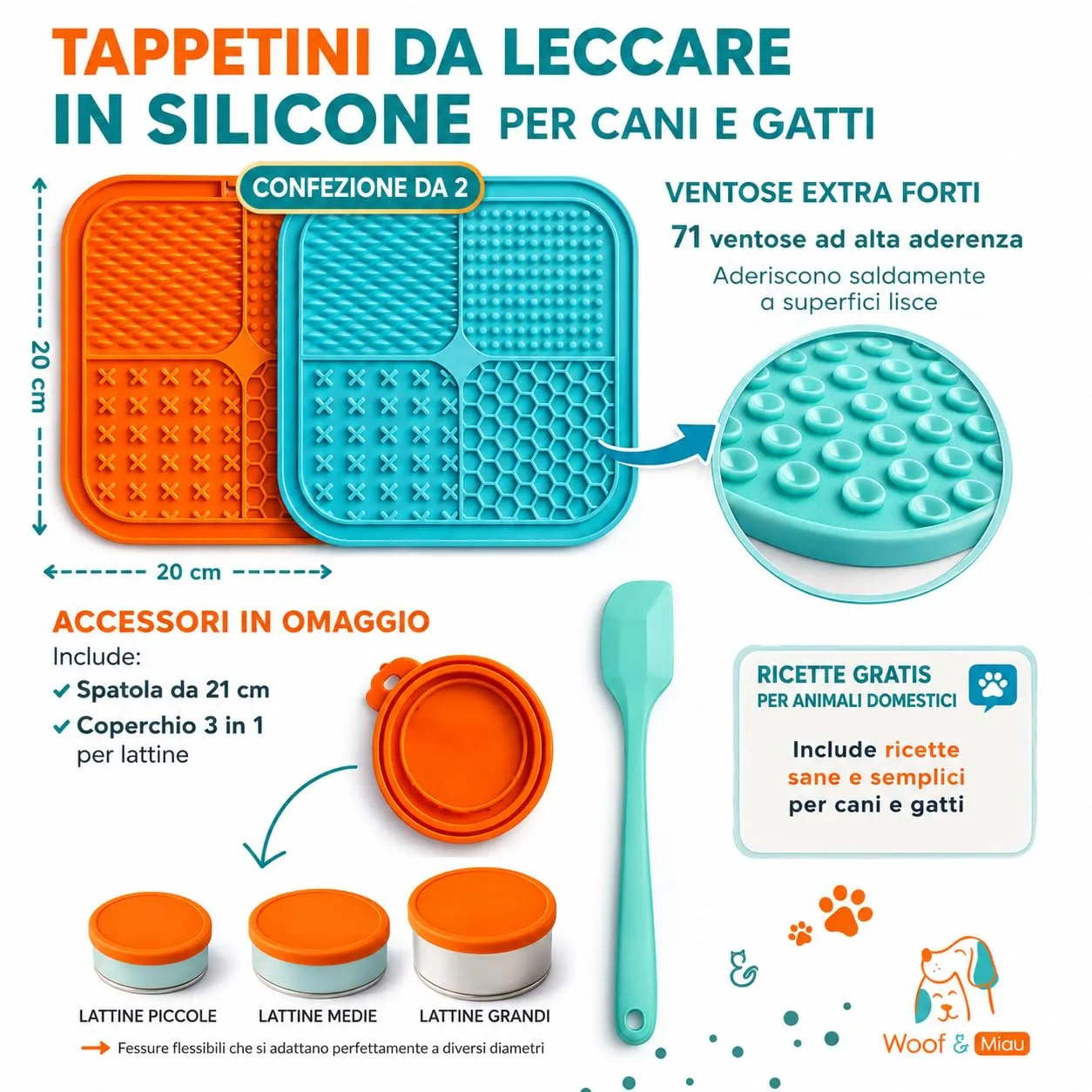 WOOF&MIAU® 2 PCS tappetini da leccare per cani e gatti + spatola + coperchio in silicone + ricette | Mangiatoia lenta (Slow Feeder) | Aiuta a controllare l'ansia e favorisce la digestione - immagine 2