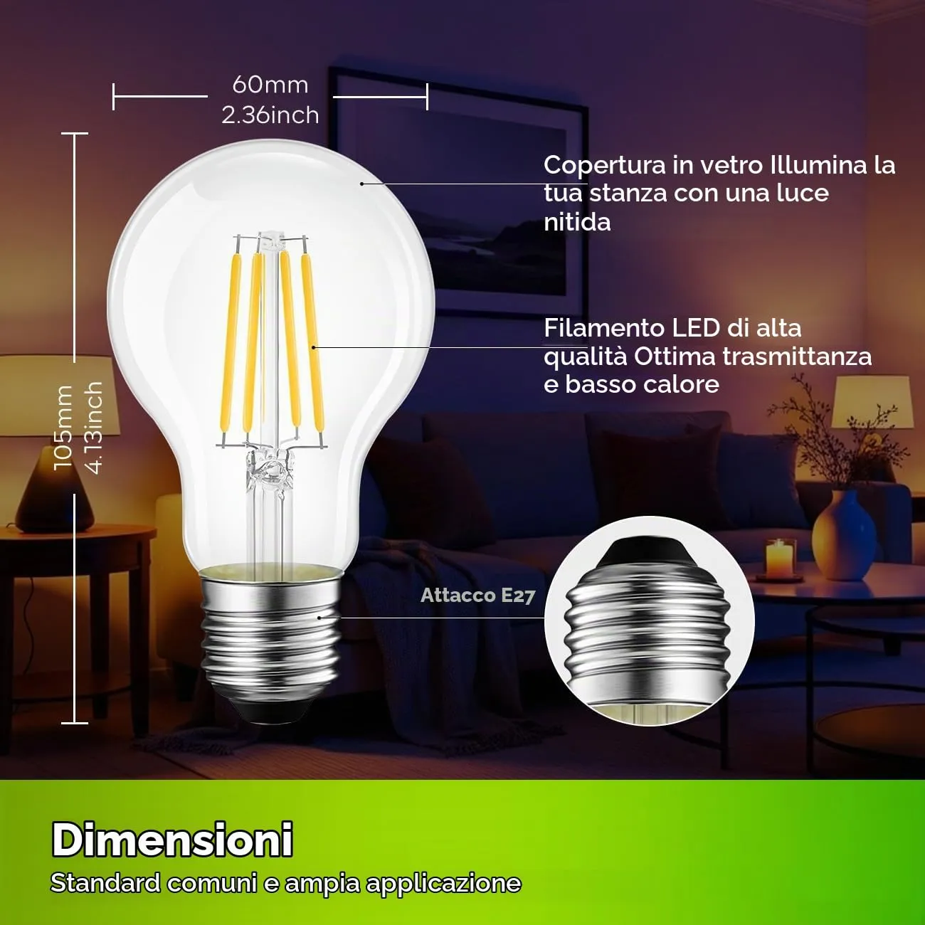 LVWIT Lampadine LED E27 Luce Calda 2700K, Lampadina 2.2W Equivalenti a 40W, 470LM, Classe A Ultra Efficiente, Lampadina LED Filamento A60 Stile Vintage Retrò, Risparmio Energetico, Non Dimmerabile - immagine 5