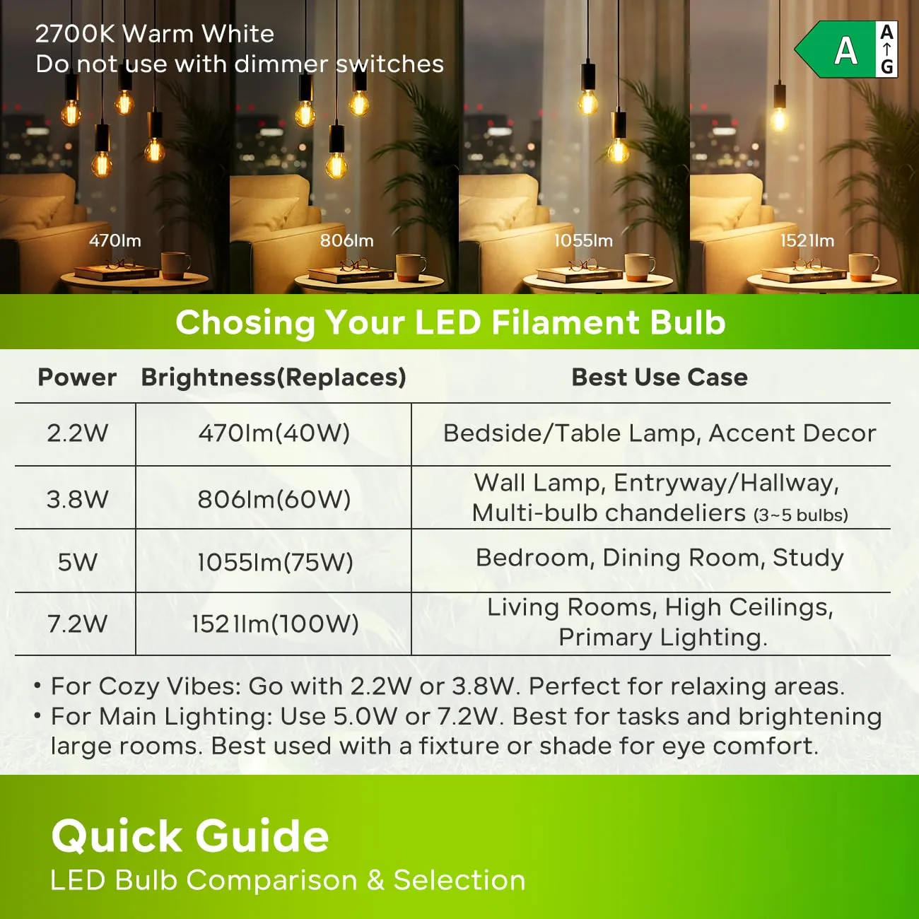 LVWIT Lampadine LED E27 Luce Calda 2700K, Lampadina 2.2W Equivalenti a 40W, 470LM, Classe A Ultra Efficiente, Lampadina LED Filamento A60 Stile Vintage Retrò, Risparmio Energetico, Non Dimmerabile - immagine 7