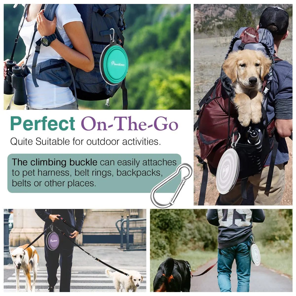 Pawaboo Ciotola pieghevole per cani, 2 ciotole da viaggio da 1000 ml, in silicone, a prova di perdite, con coperchio e moschettone, per cani, gatti, passeggiate in viaggio, turchese + viola - immagine 3