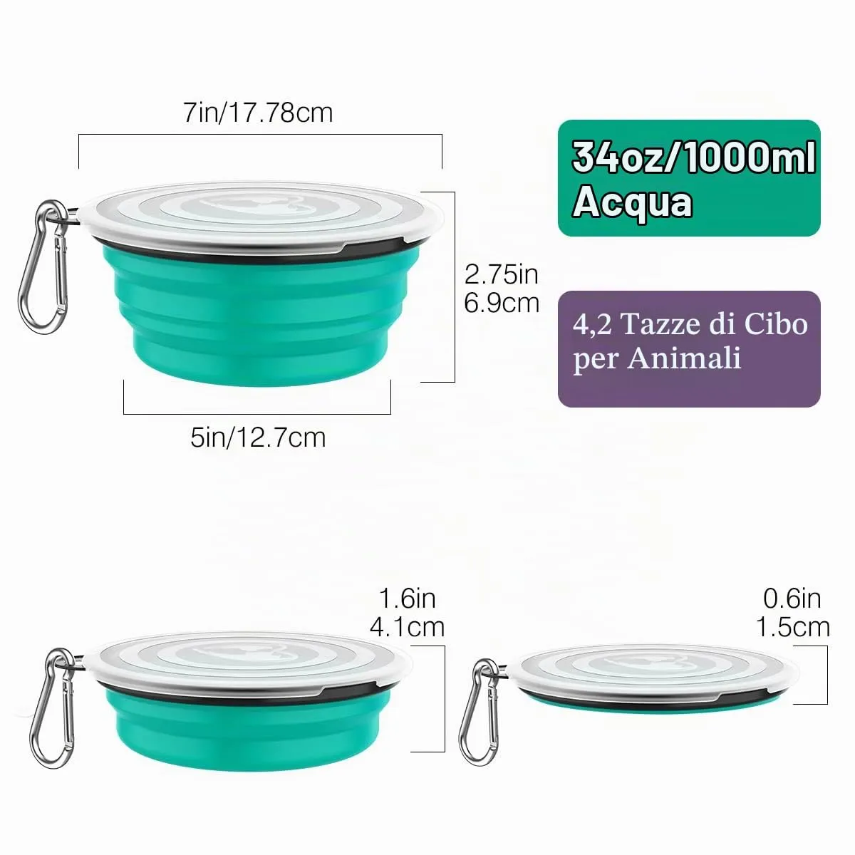 Pawaboo Ciotola pieghevole per cani, 2 ciotole da viaggio da 1000 ml, in silicone, a prova di perdite, con coperchio e moschettone, per cani, gatti, passeggiate in viaggio, turchese + viola - immagine 4