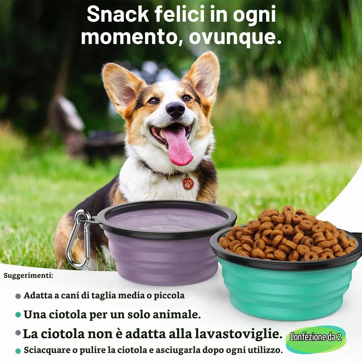 Pawaboo Ciotola pieghevole per cani, 2 ciotole da viaggio da 1000 ml, in silicone, a prova di perdite, con coperchio e moschettone, per cani, gatti, passeggiate in viaggio, turchese + viola - immagine 5